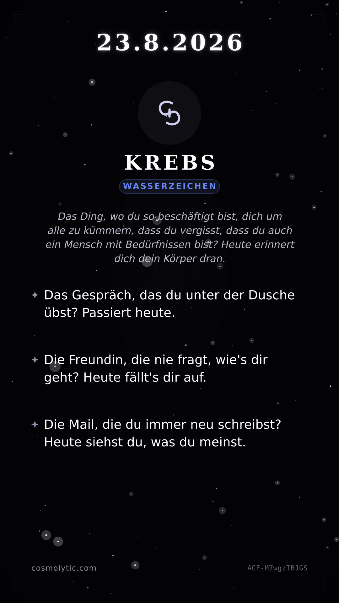 Krebs Tageshoroskop-Karte für 23. August 2026