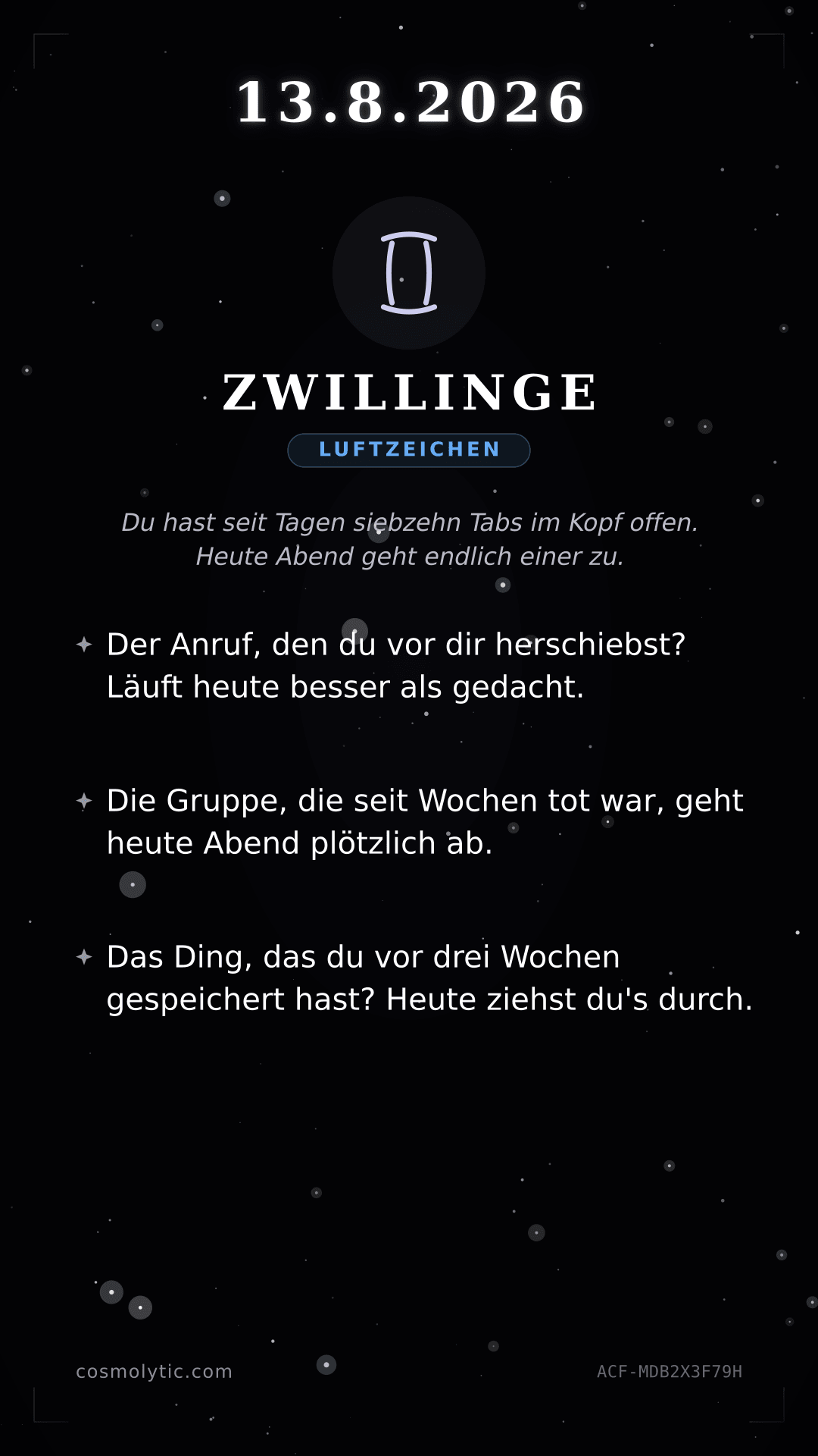Zwillinge Tageshoroskop-Karte für 13. August 2026