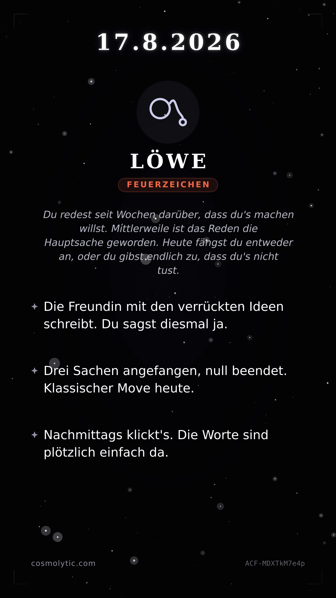 Löwe Tageshoroskop-Karte für 17. August 2026