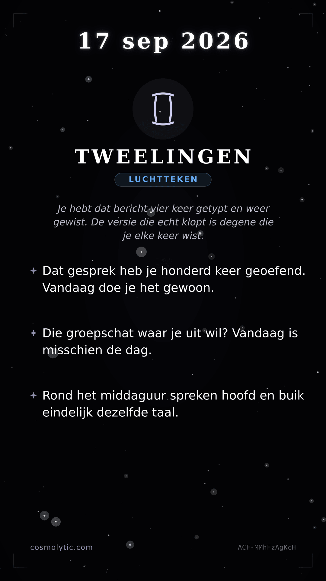 Tweelingen daghoroscoop kaart voor 17 september 2026