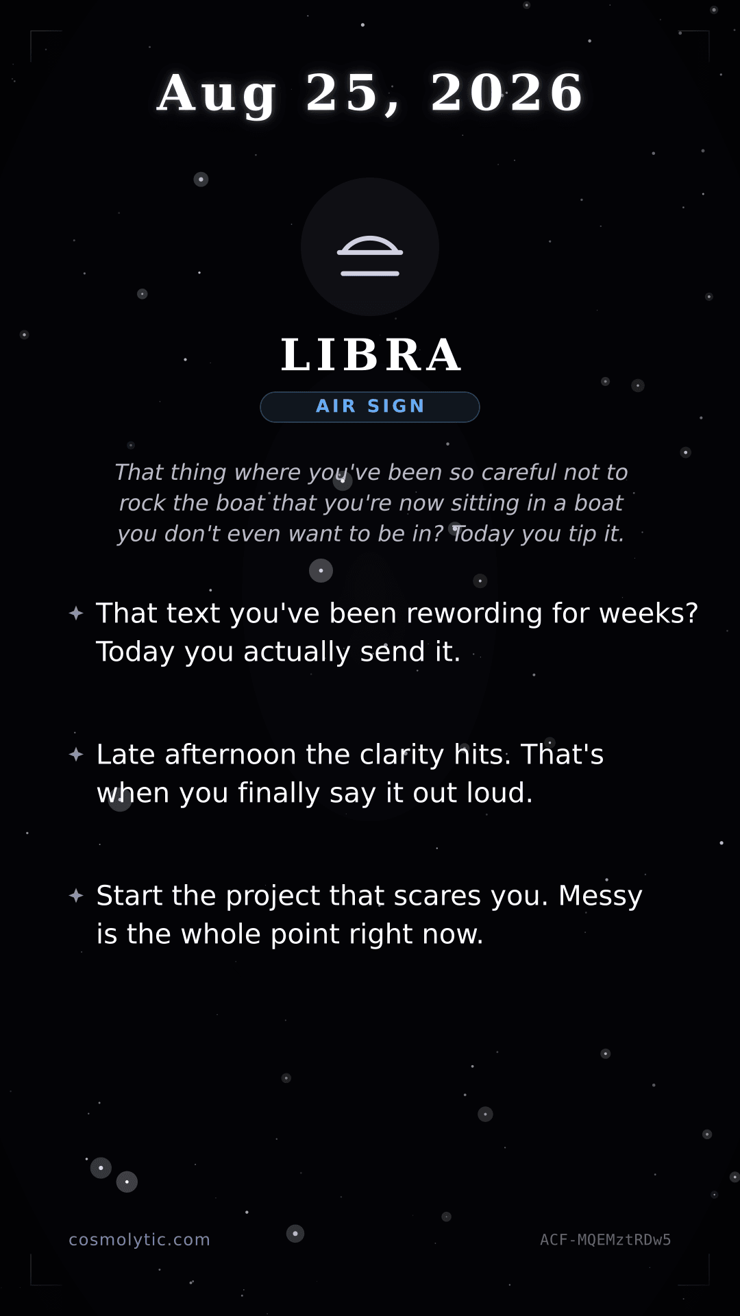 Libra daily horoscope card for August 25, 2026