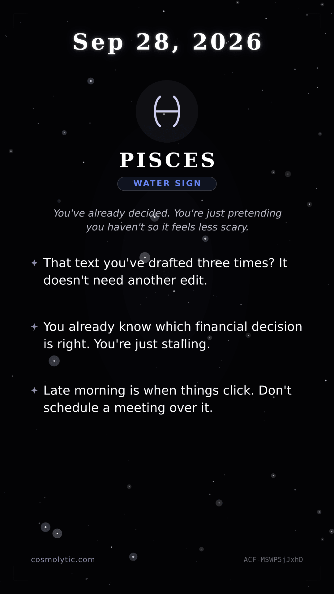 Pisces daily horoscope card for September 28, 2026