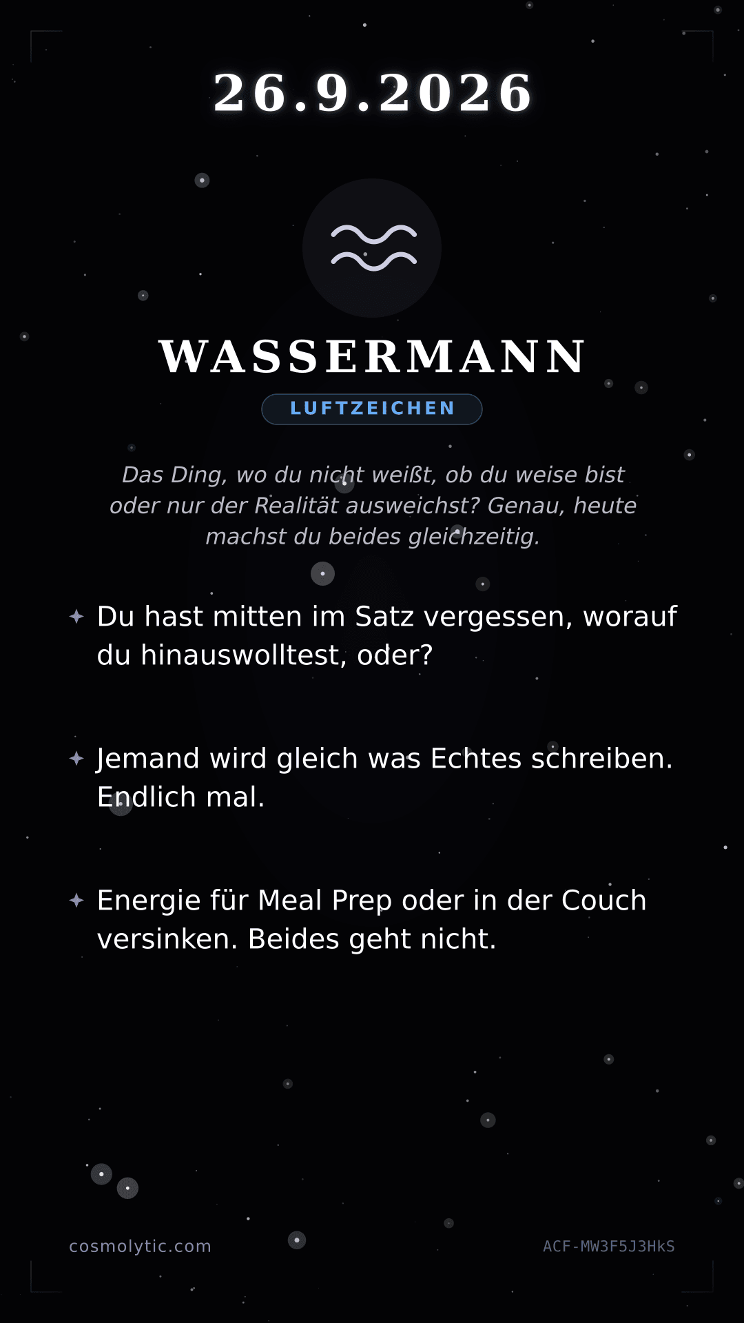 Wassermann Tageshoroskop-Karte für 26. September 2026