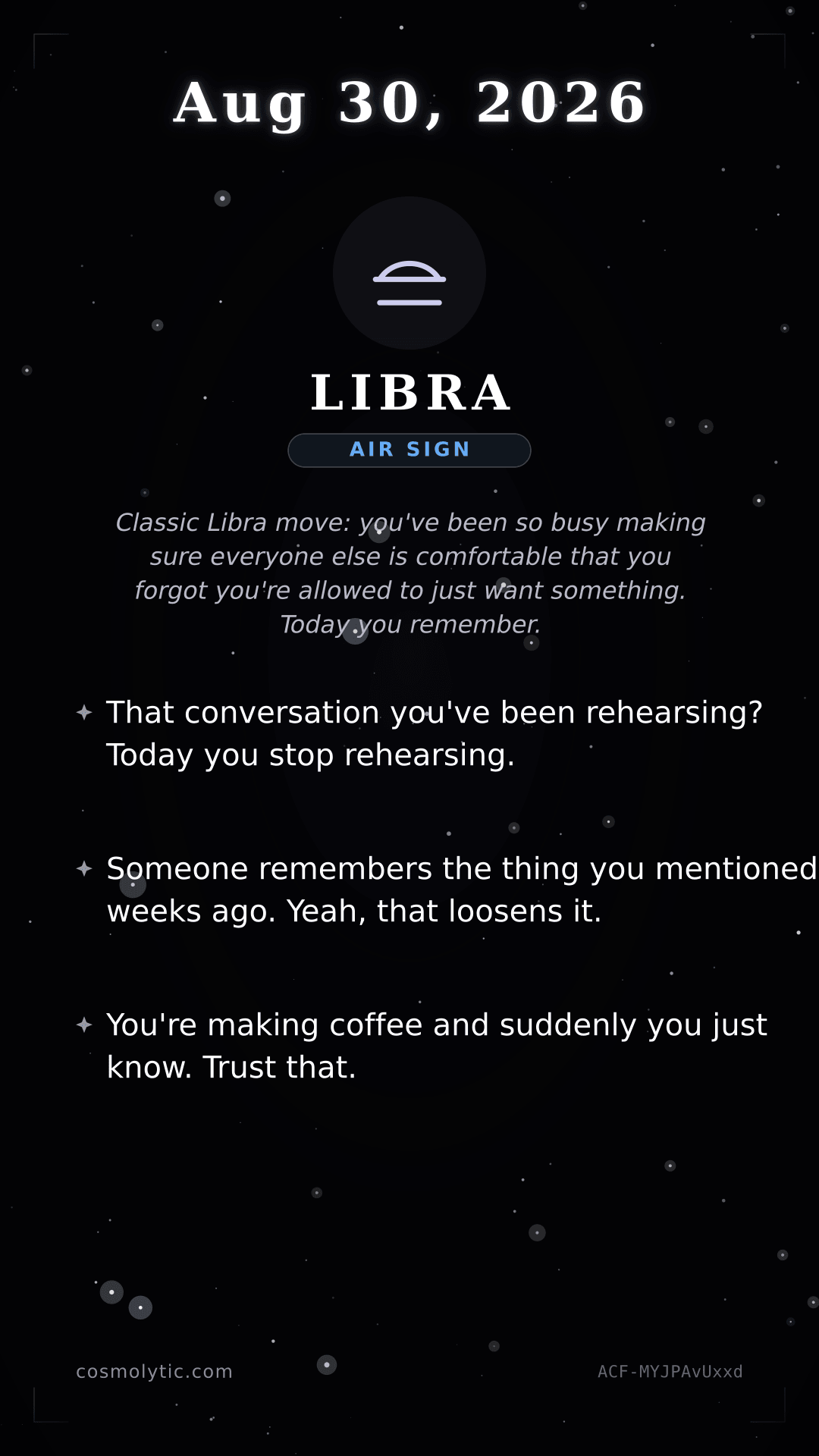 Libra daily horoscope card for August 30, 2026