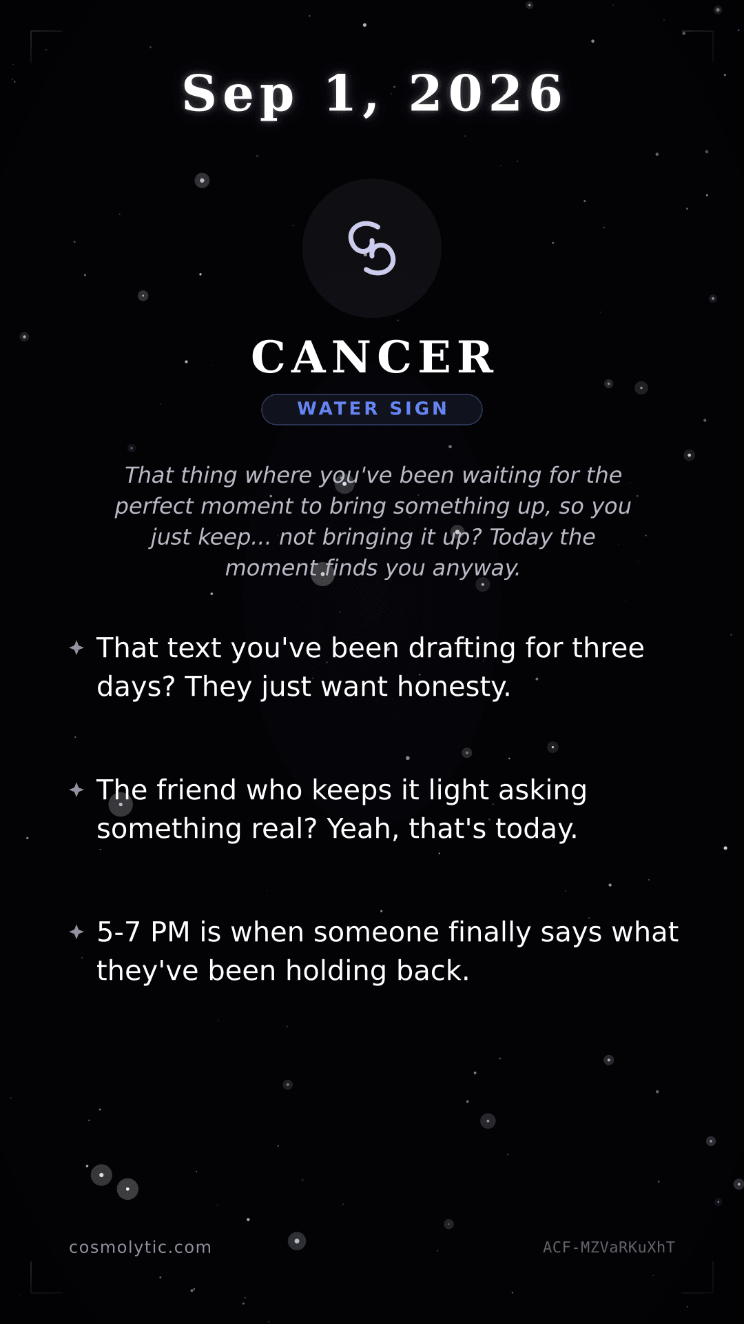 Cancer daily horoscope card for September 1, 2026