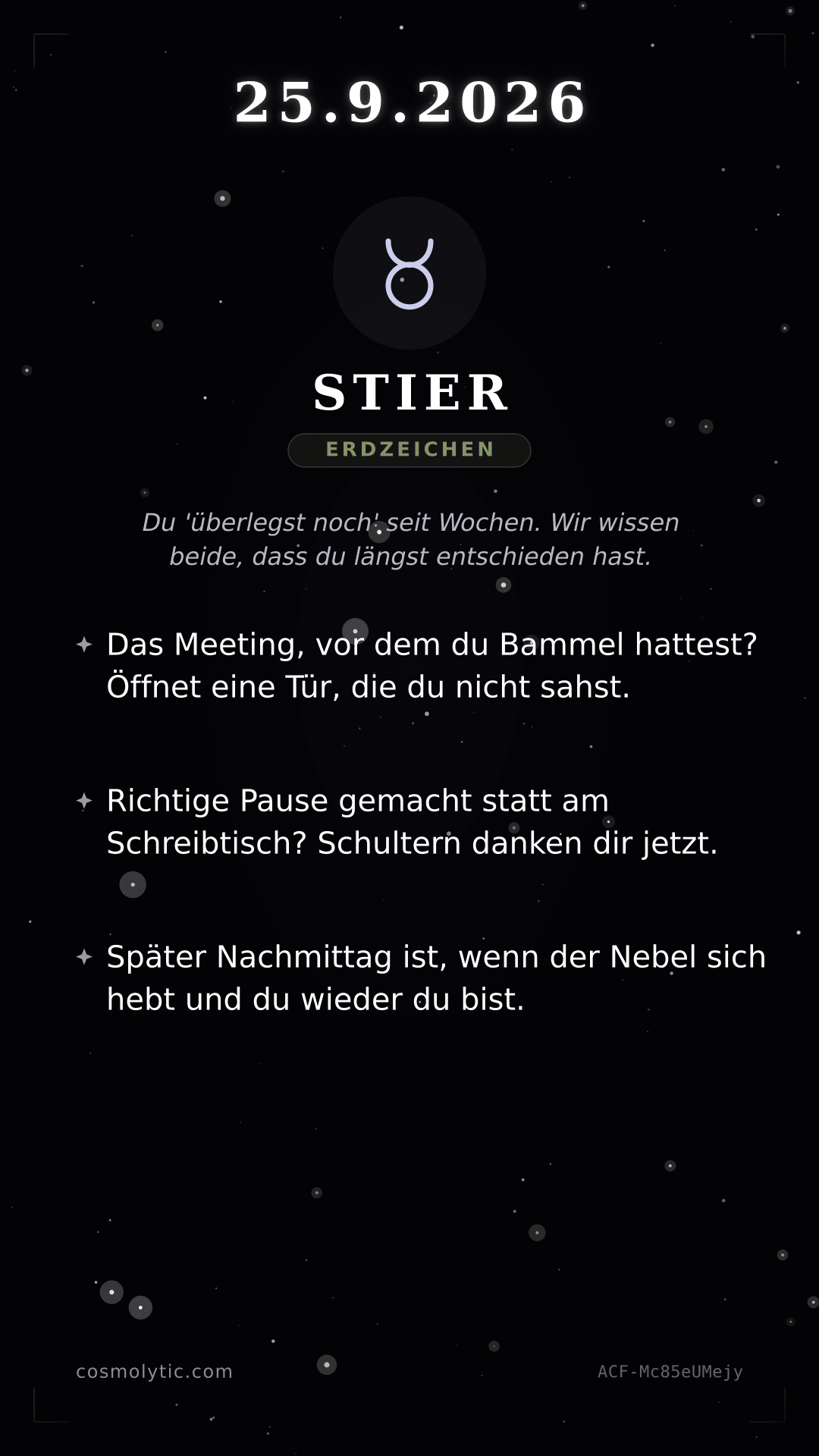 Stier Tageshoroskop-Karte für 25. September 2026