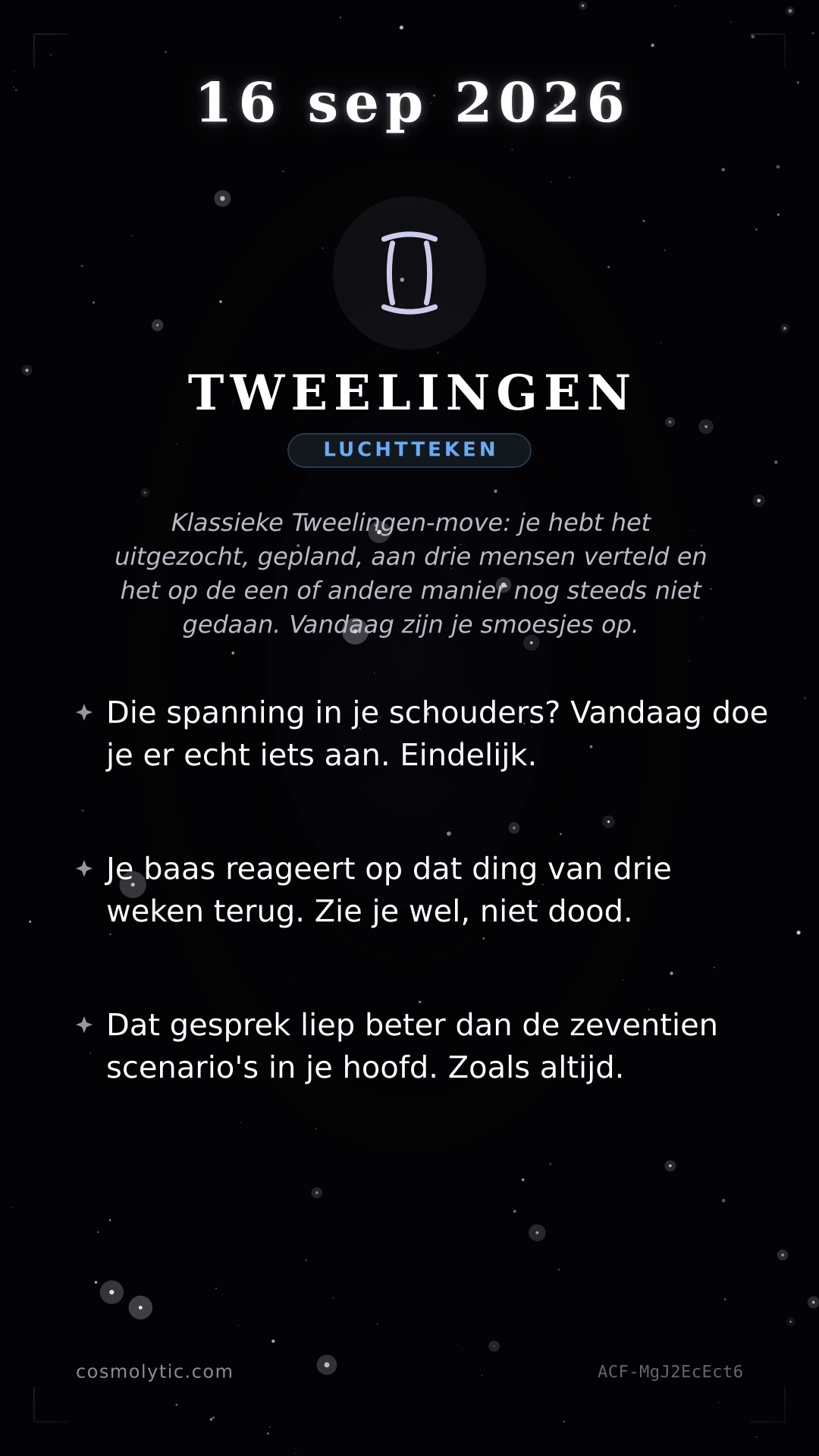 Tweelingen daghoroscoop kaart voor 16 september 2026