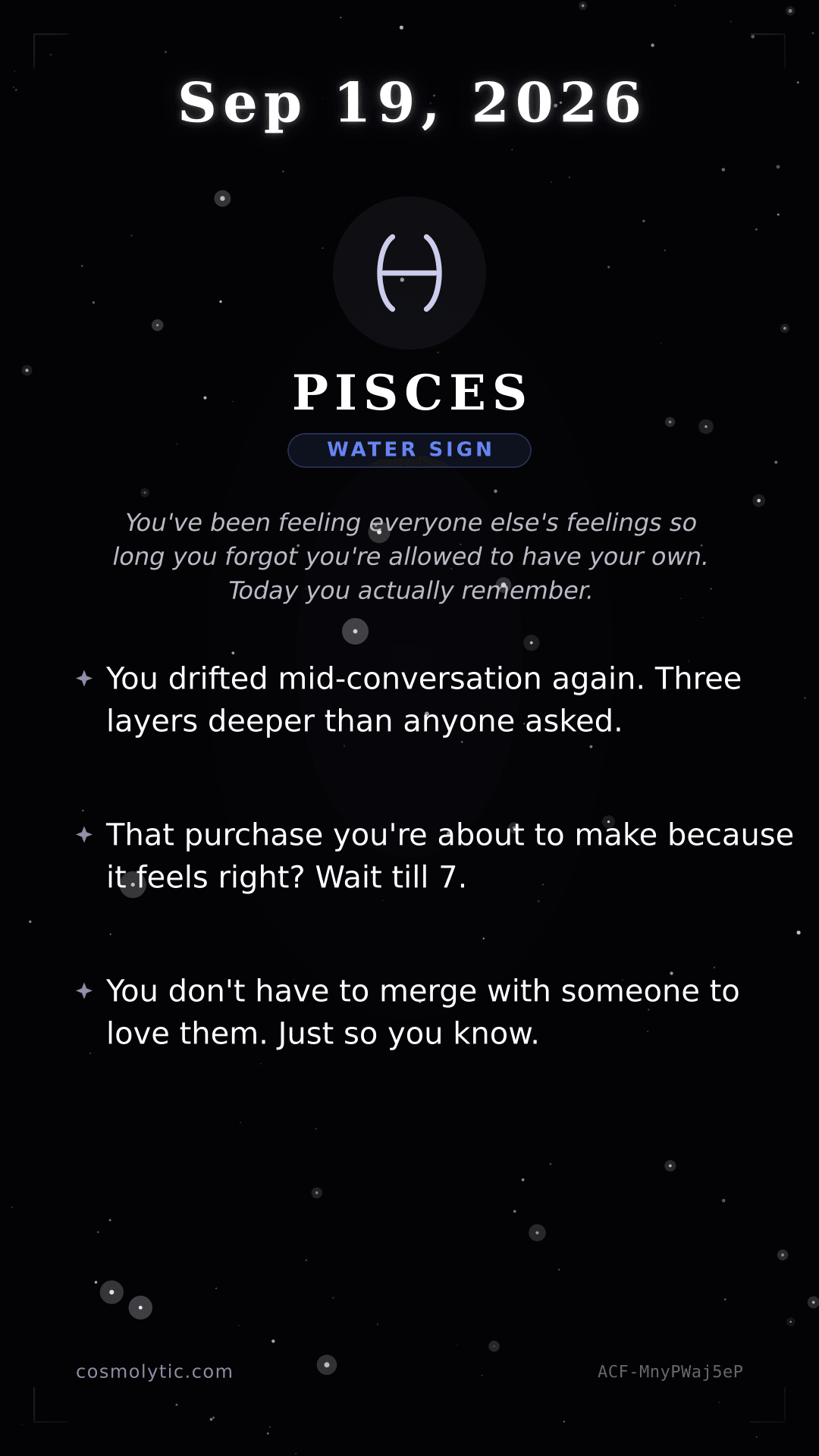 Pisces daily horoscope card for September 19, 2026