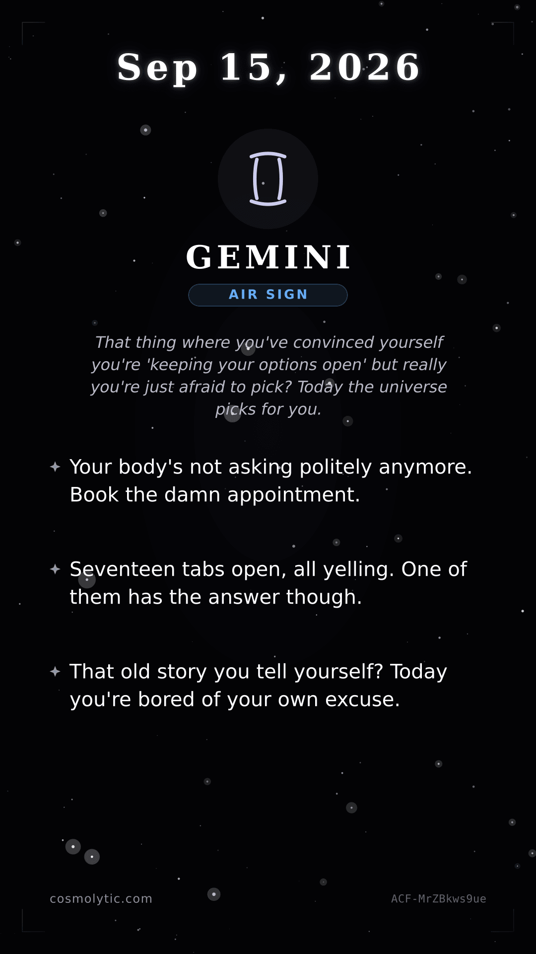 Gemini daily horoscope card for September 15, 2026