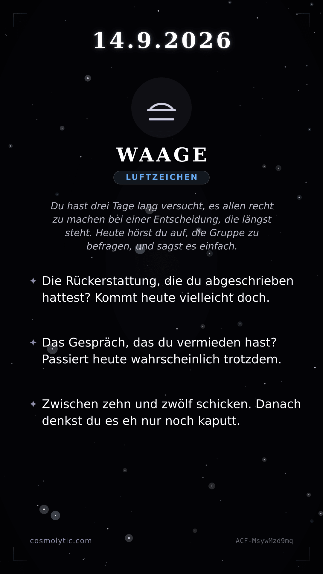 Waage Tageshoroskop-Karte für 14. September 2026