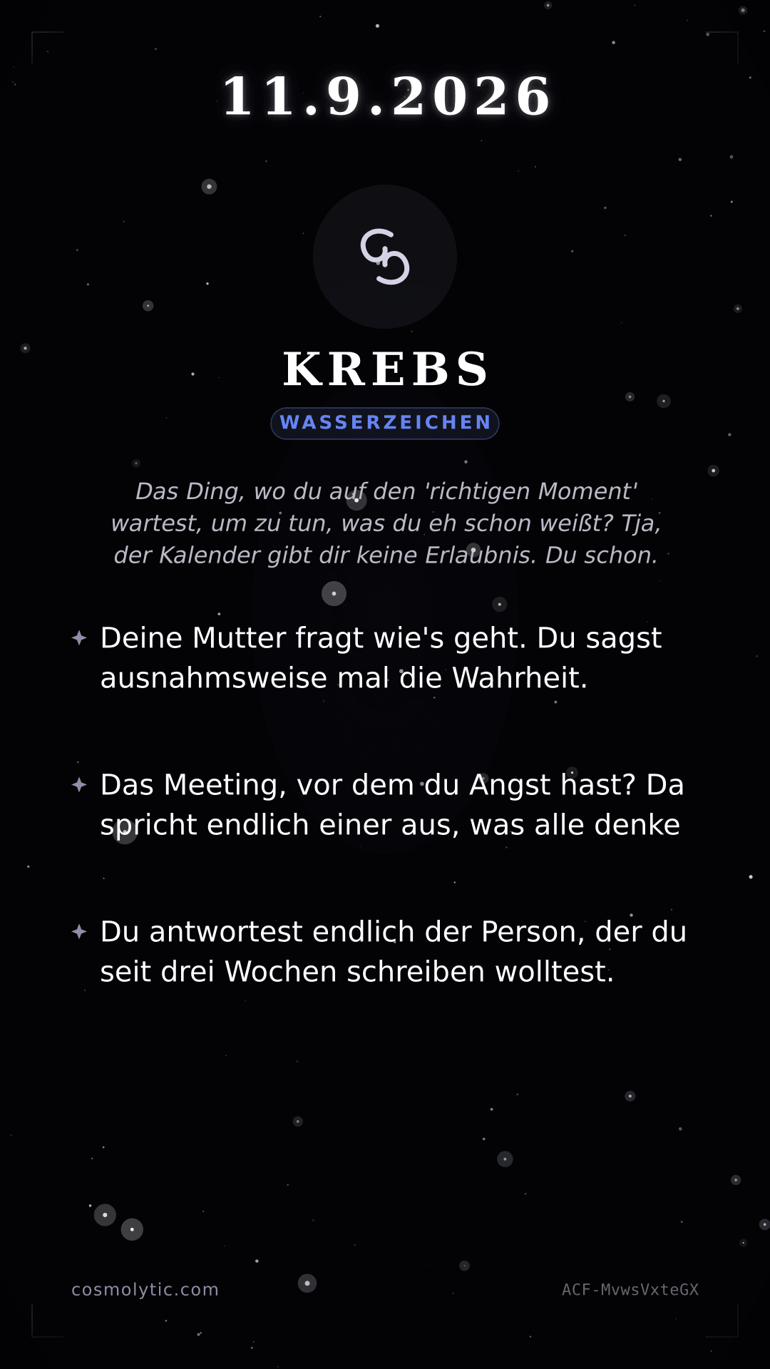 Krebs Tageshoroskop-Karte für 11. September 2026