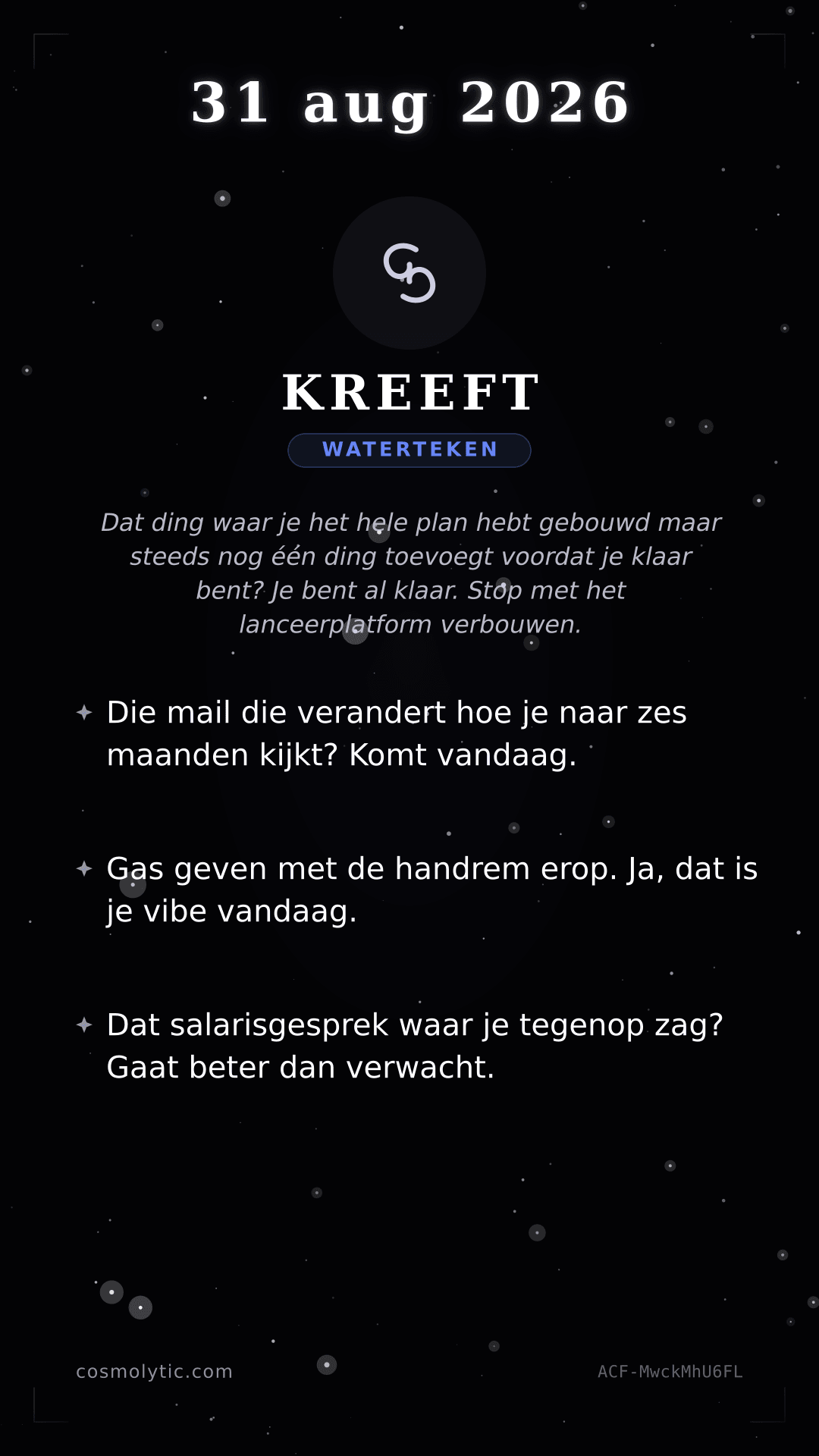 Kreeft daghoroscoop kaart voor 31 augustus 2026