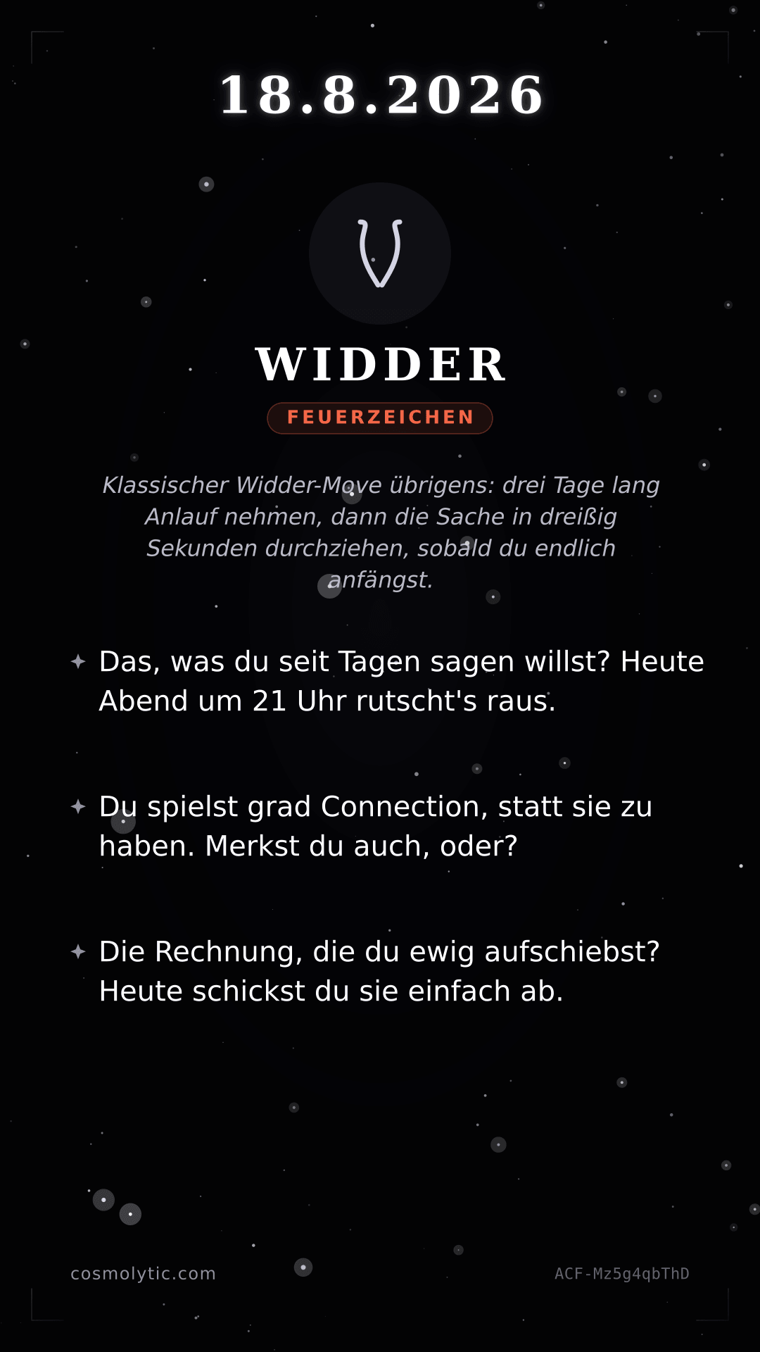 Widder Tageshoroskop-Karte für 18. August 2026