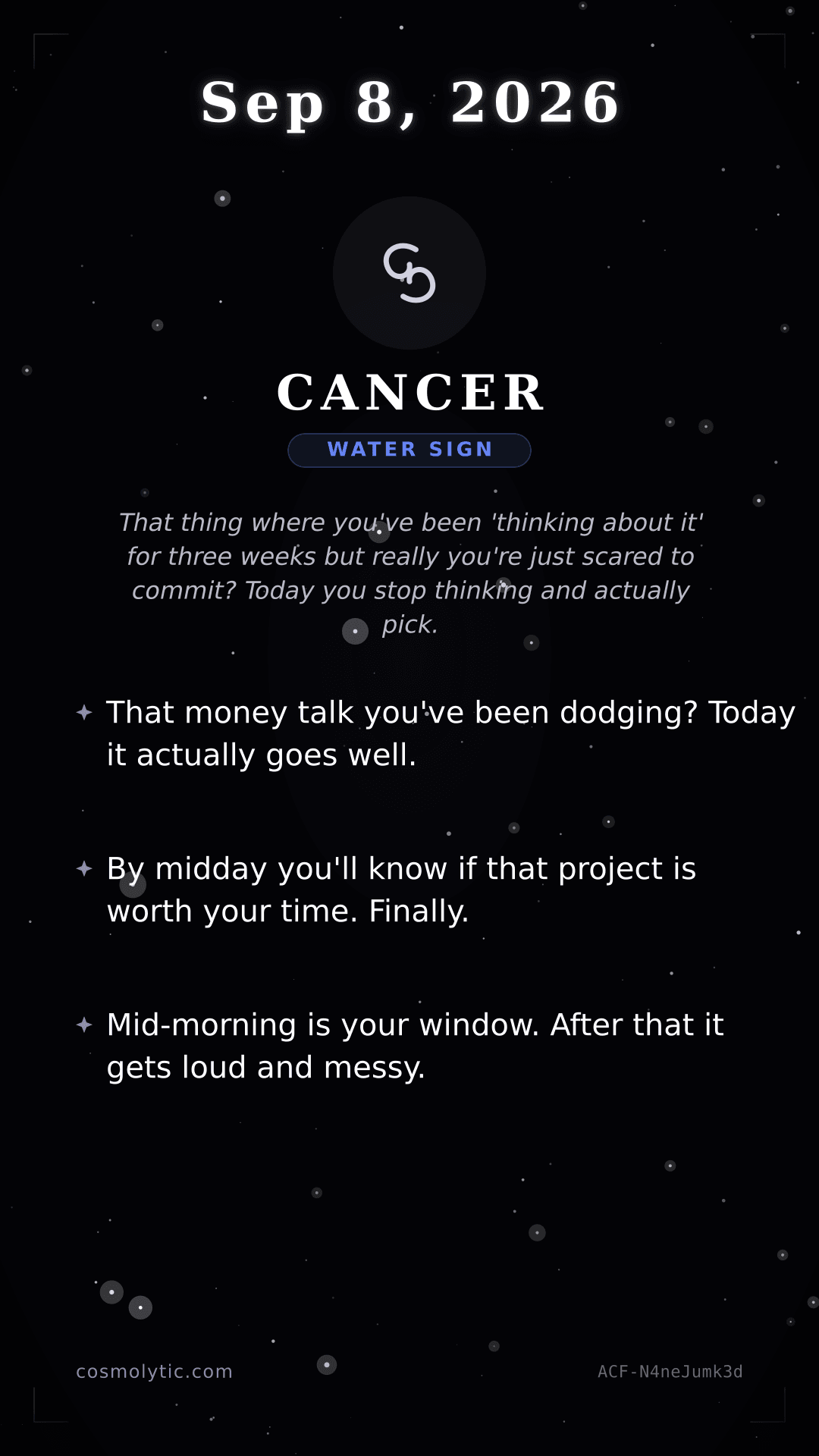 Cancer daily horoscope card for September 8, 2026