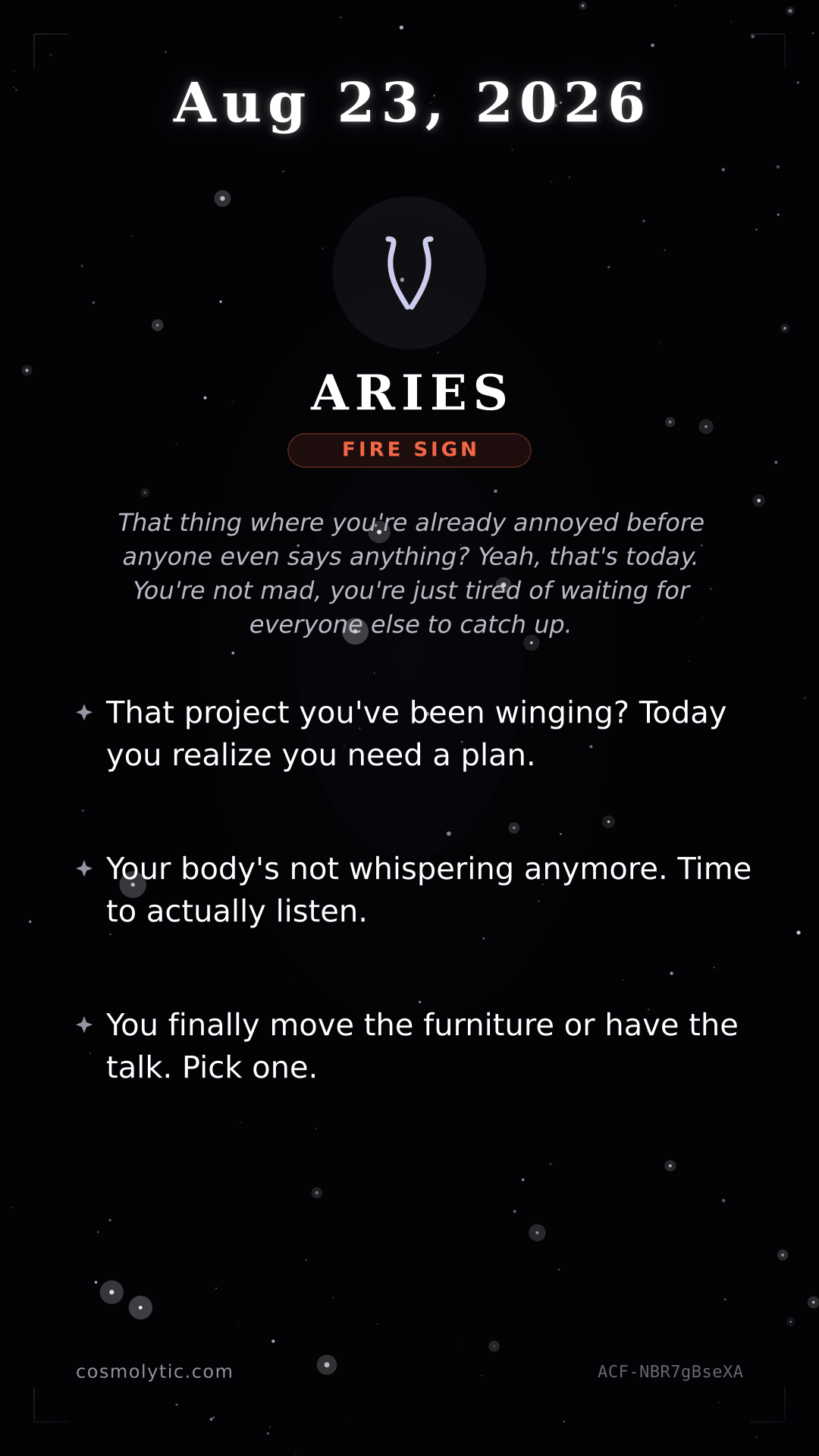 Aries daily horoscope card for August 23, 2026