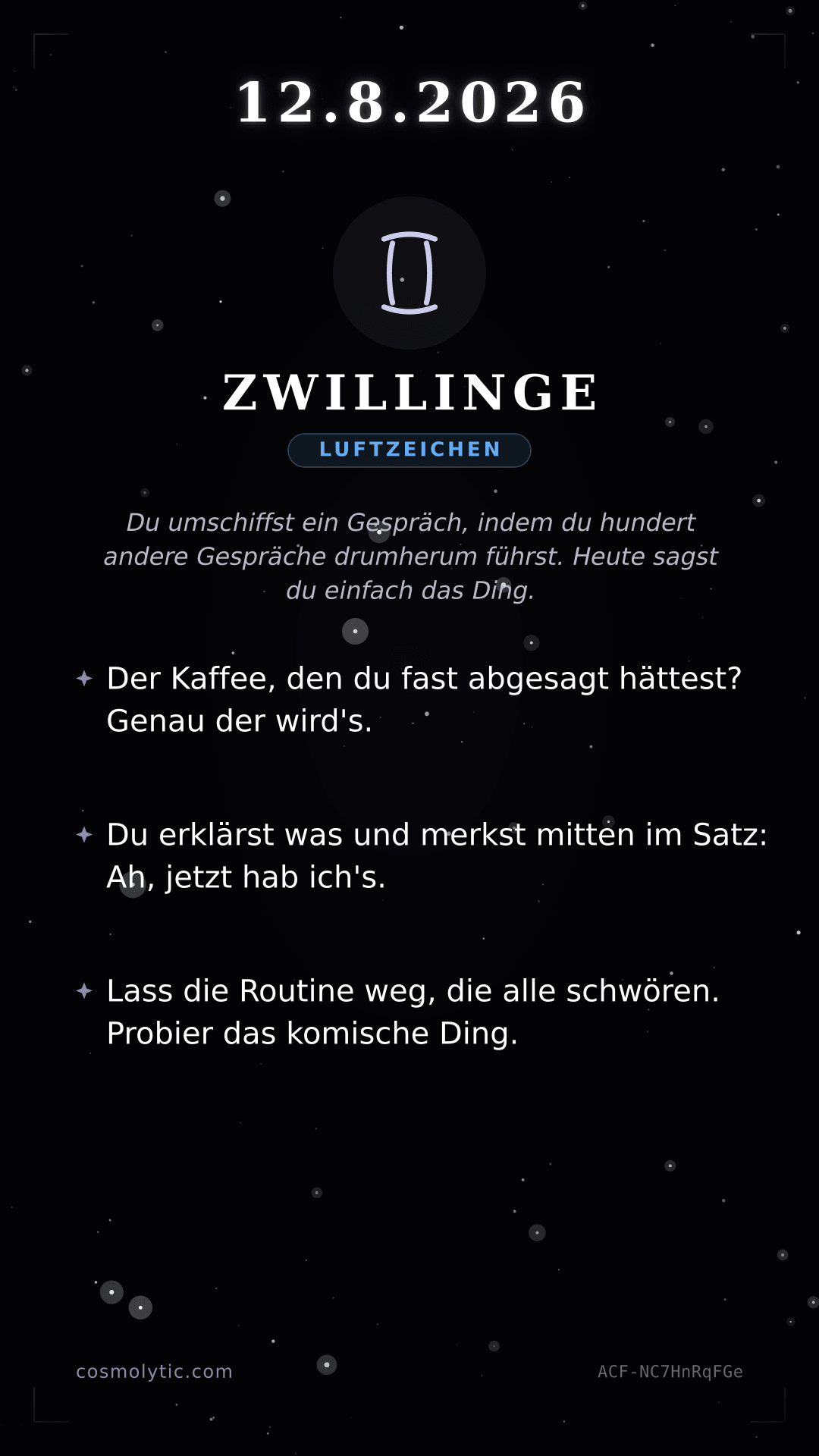Zwillinge Tageshoroskop-Karte für 12. August 2026