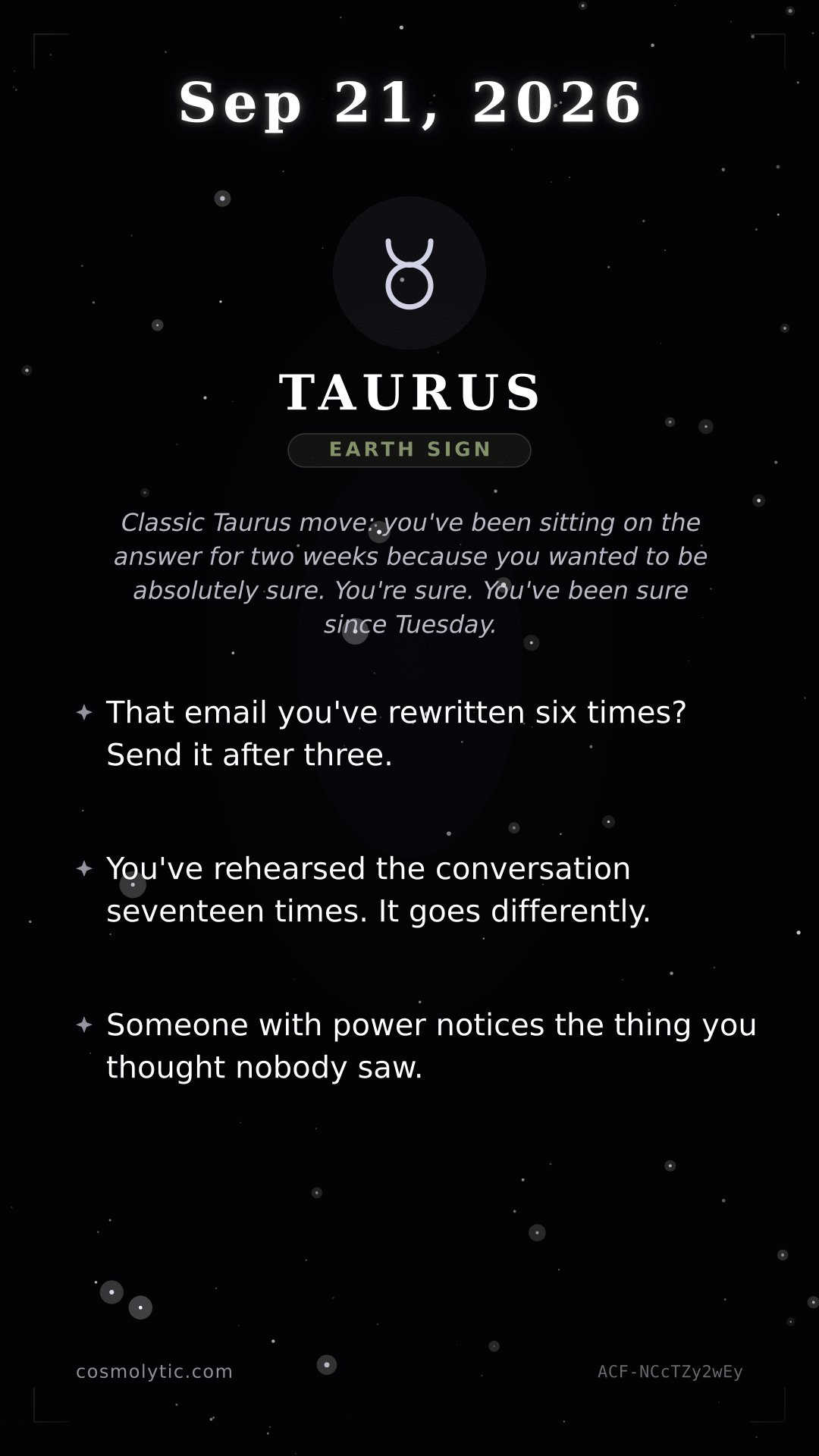 Taurus daily horoscope card for September 21, 2026