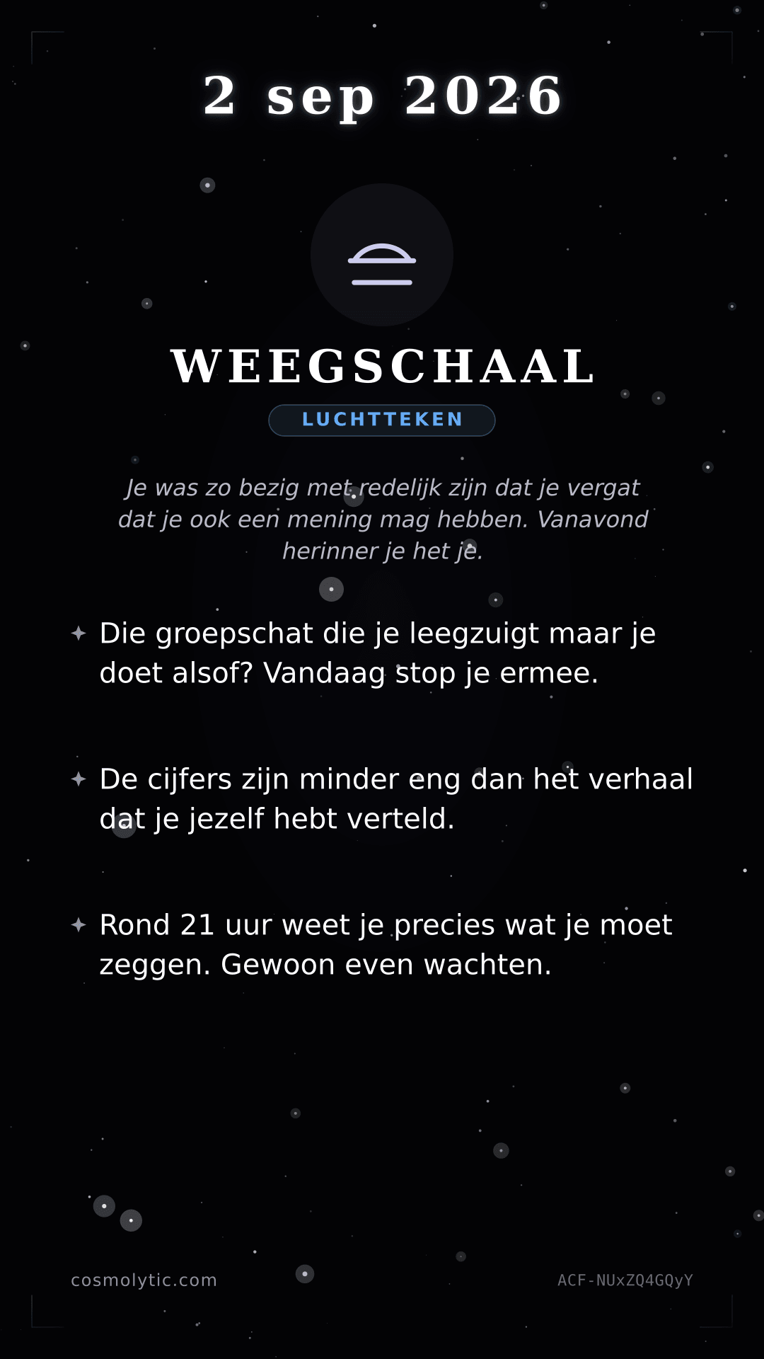 Weegschaal daghoroscoop kaart voor 2 september 2026