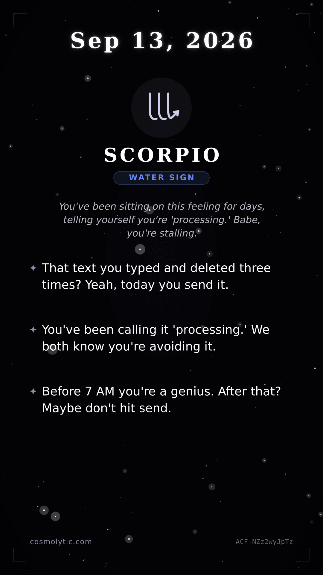 Scorpio daily horoscope card for September 13, 2026