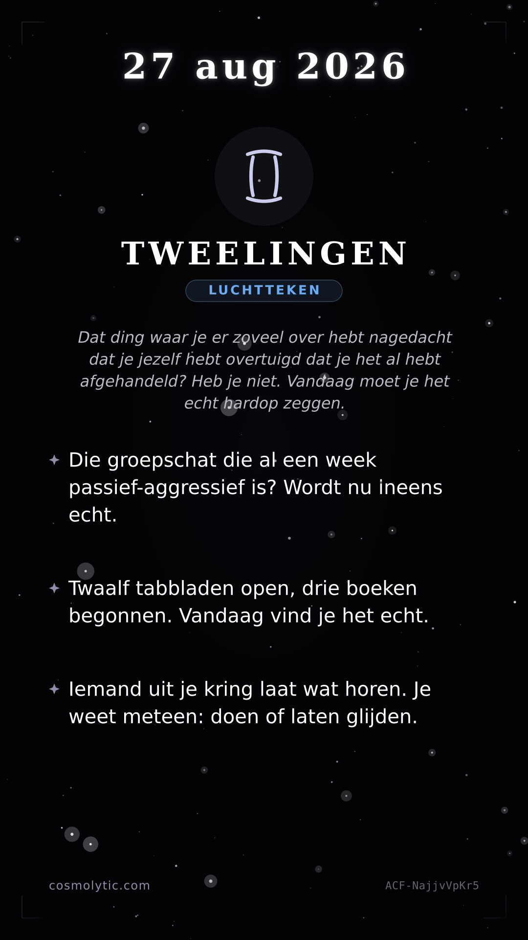 Tweelingen daghoroscoop kaart voor 27 augustus 2026