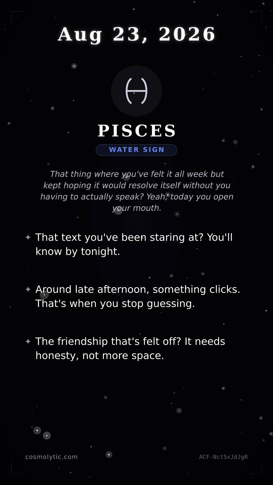 Pisces daily horoscope card for August 23, 2026