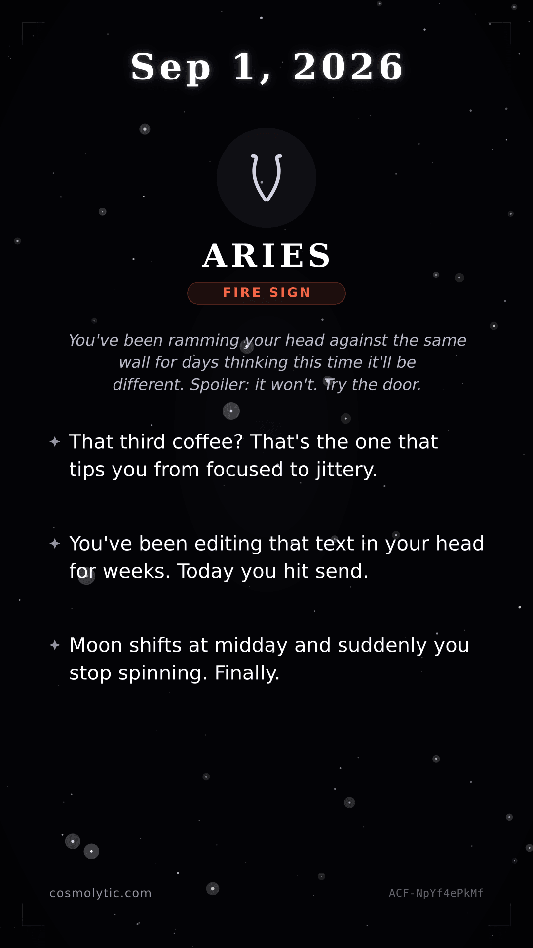 Aries daily horoscope card for September 1, 2026