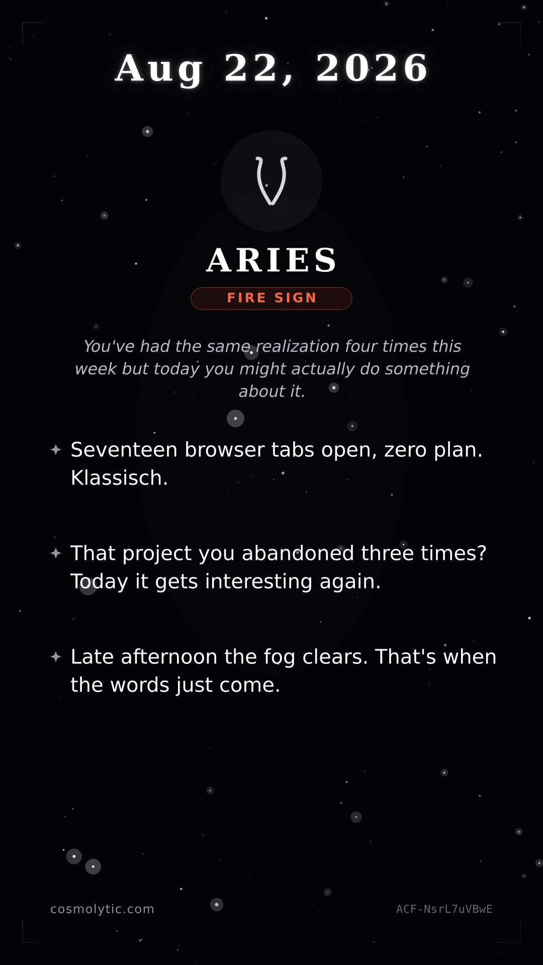 Aries daily horoscope card for August 22, 2026
