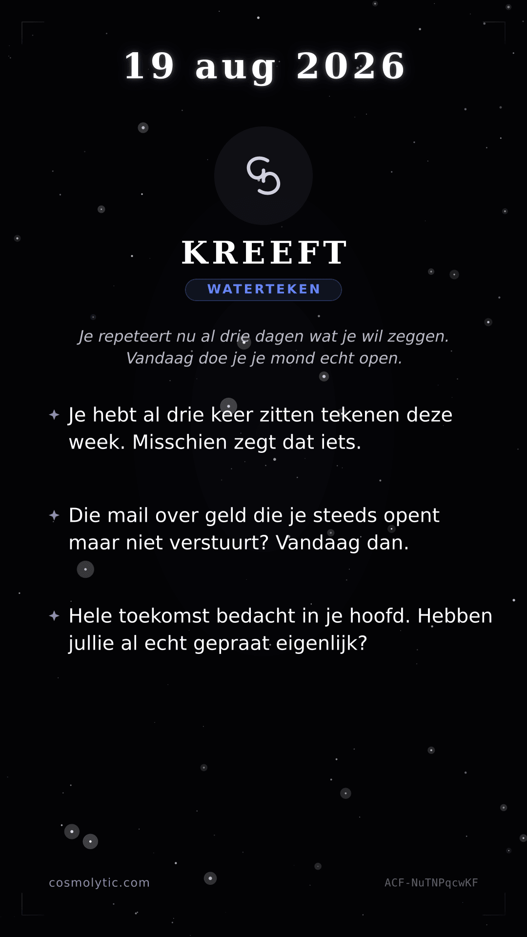 Kreeft daghoroscoop kaart voor 19 augustus 2026
