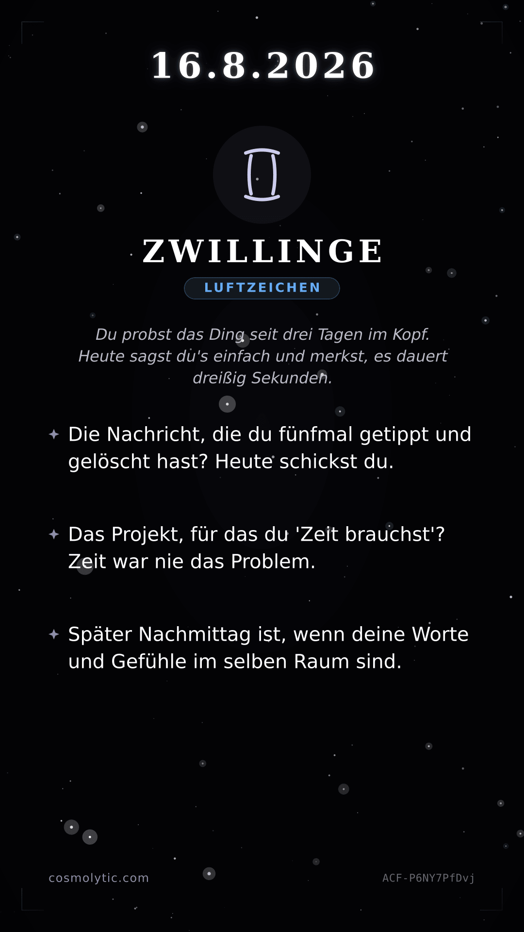Zwillinge Tageshoroskop-Karte für 16. August 2026