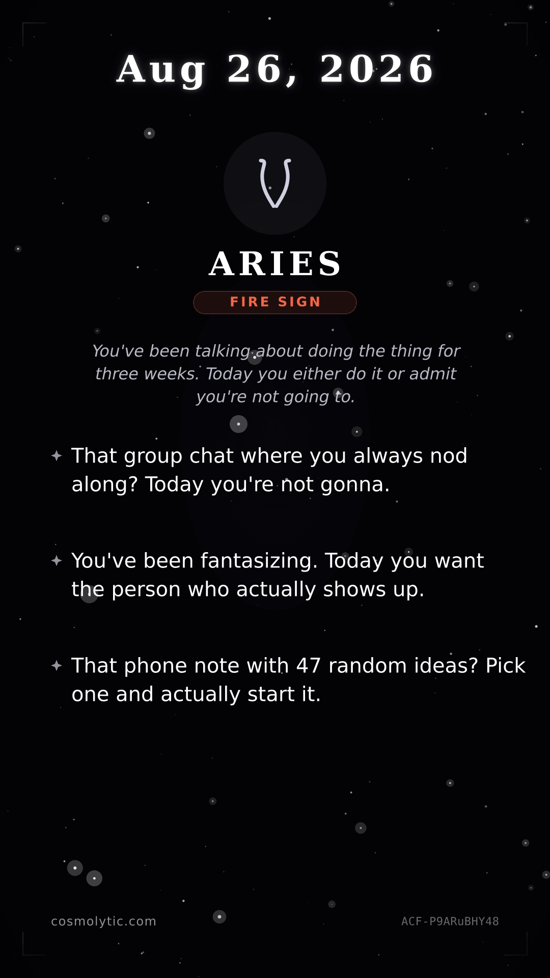 Aries daily horoscope card for August 26, 2026