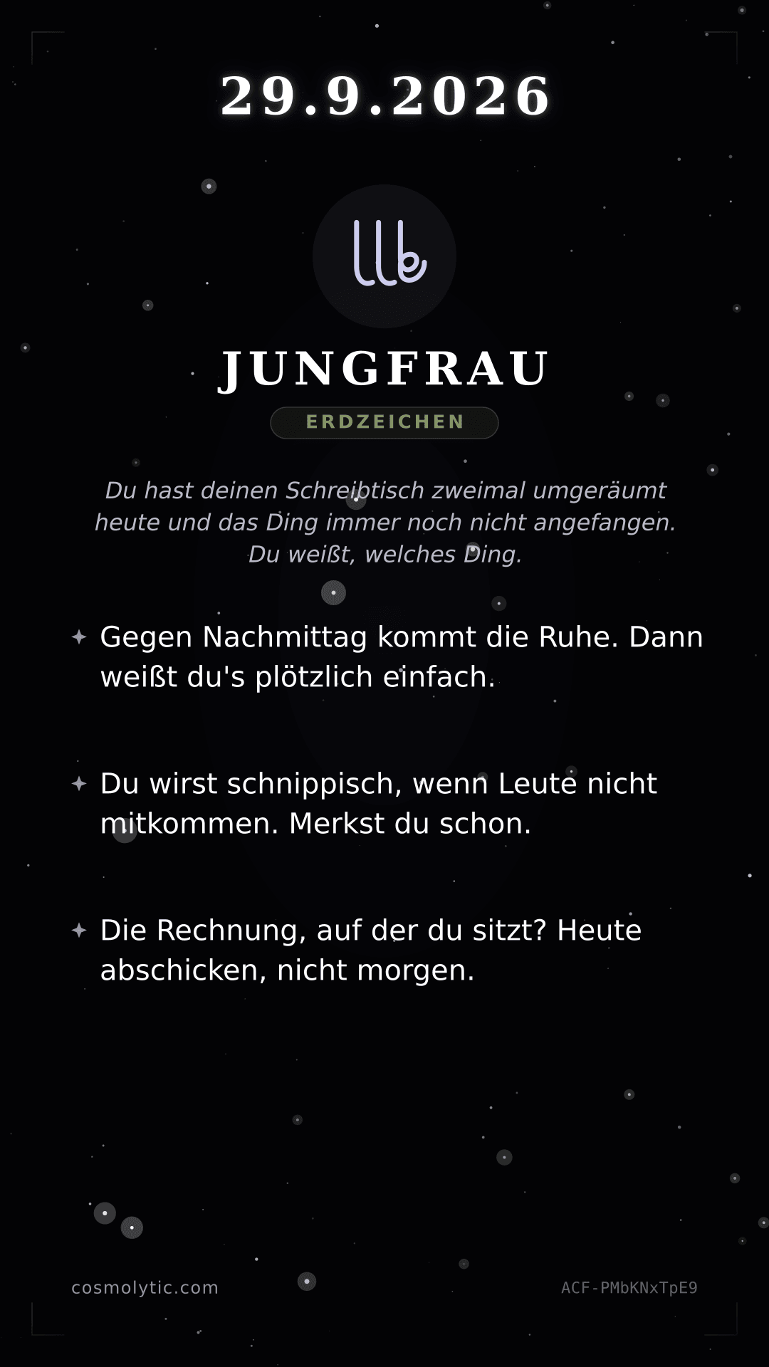 Jungfrau Tageshoroskop-Karte für 29. September 2026
