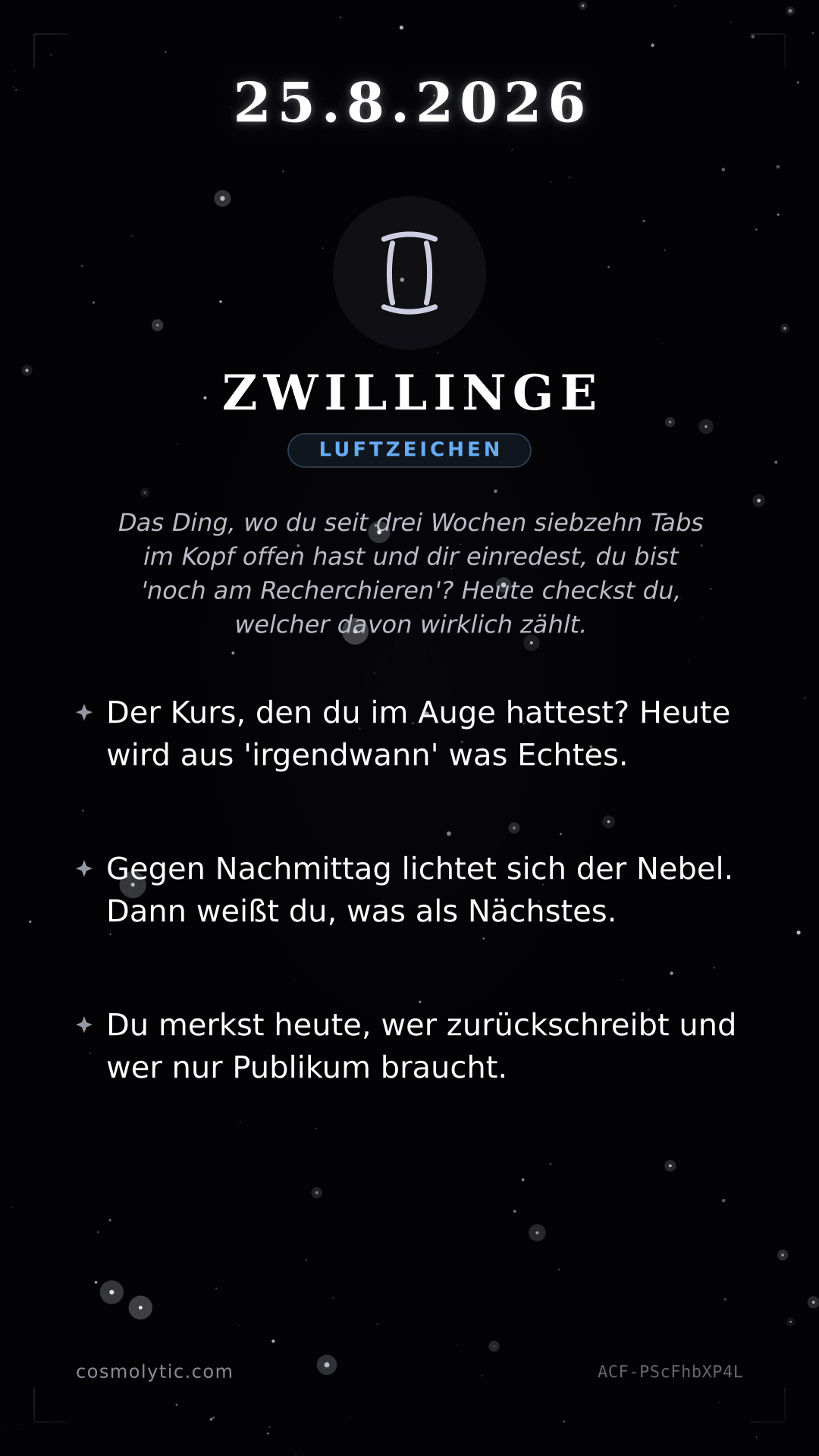 Zwillinge Tageshoroskop-Karte für 25. August 2026
