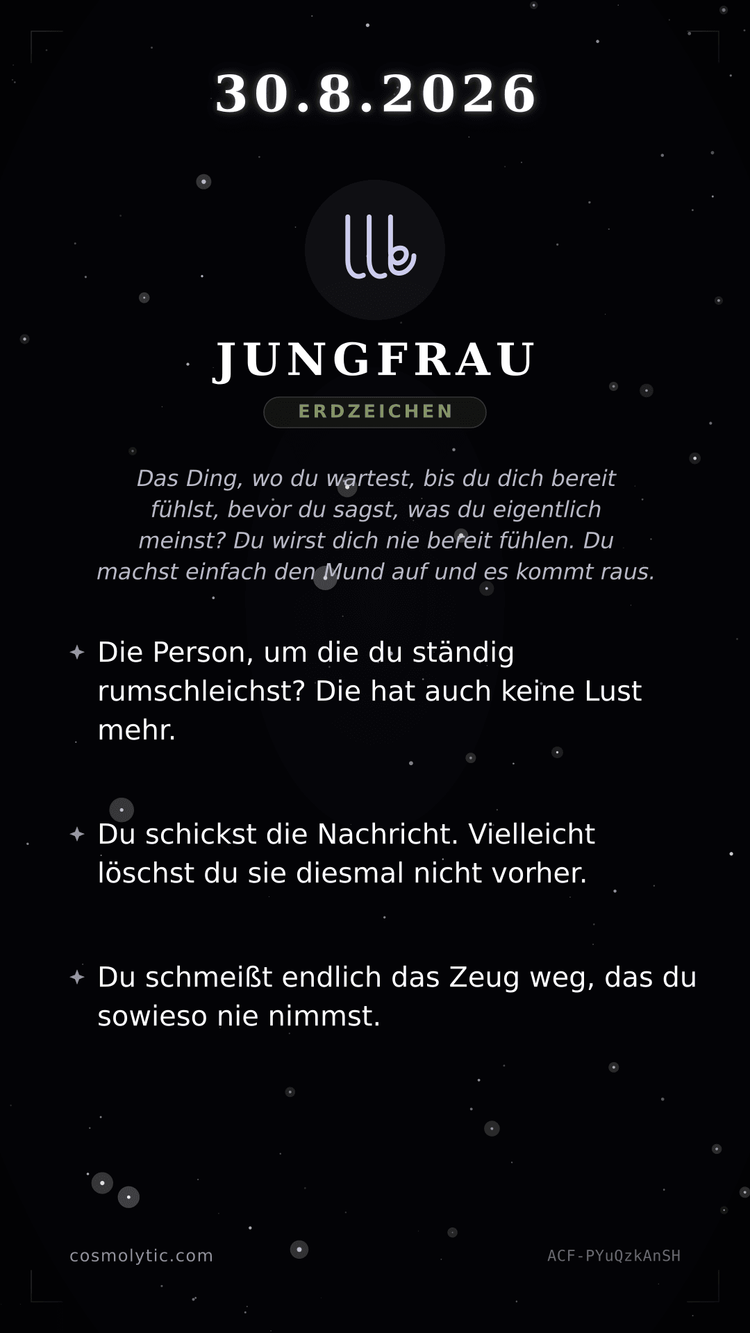 Jungfrau Tageshoroskop-Karte für 30. August 2026