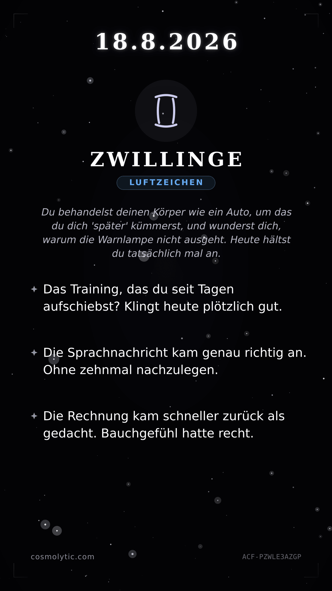 Zwillinge Tageshoroskop-Karte für 18. August 2026