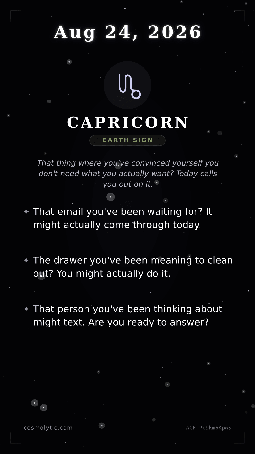 Capricorn daily horoscope card for August 24, 2026
