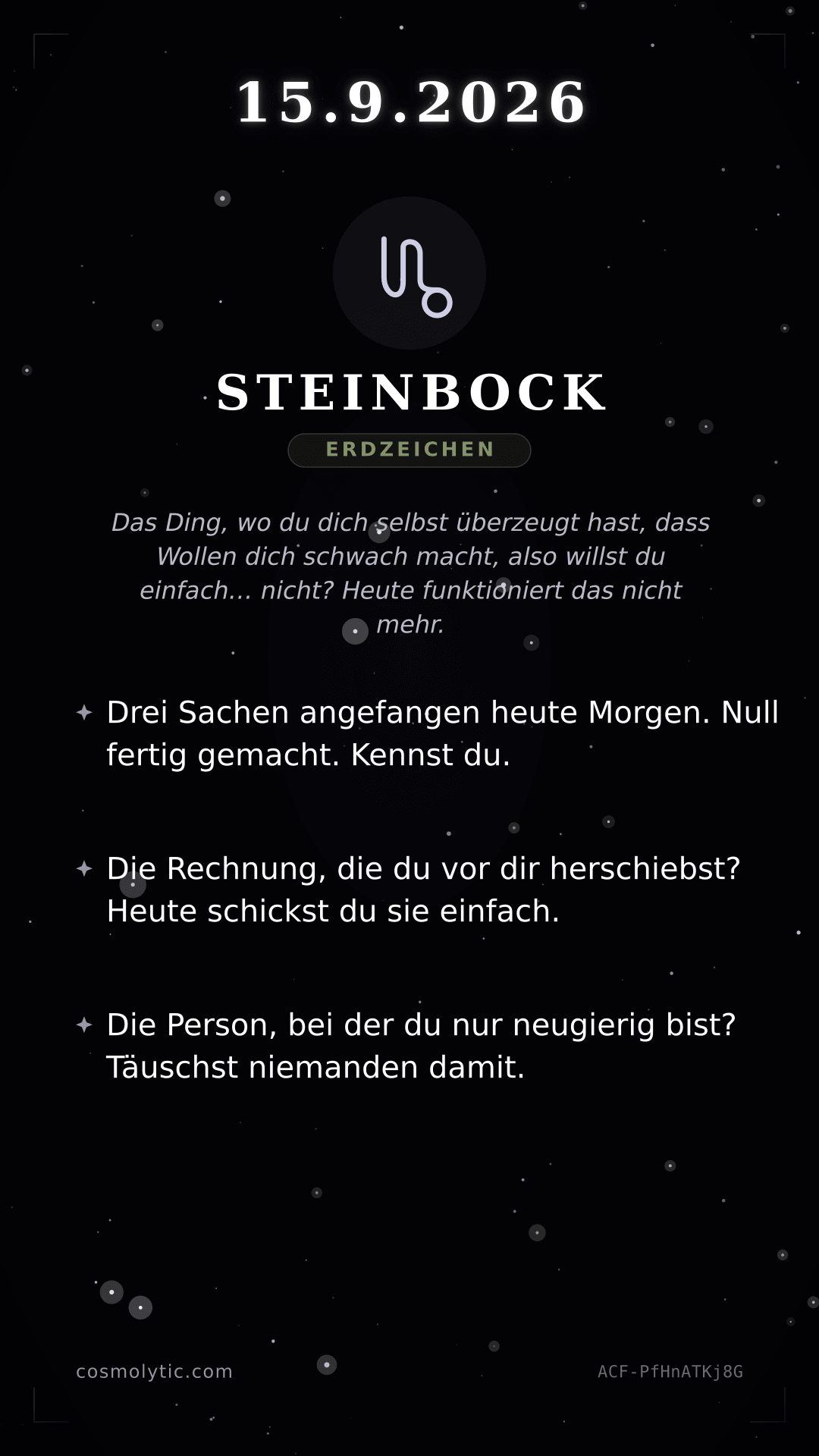 Steinbock Tageshoroskop-Karte für 15. September 2026
