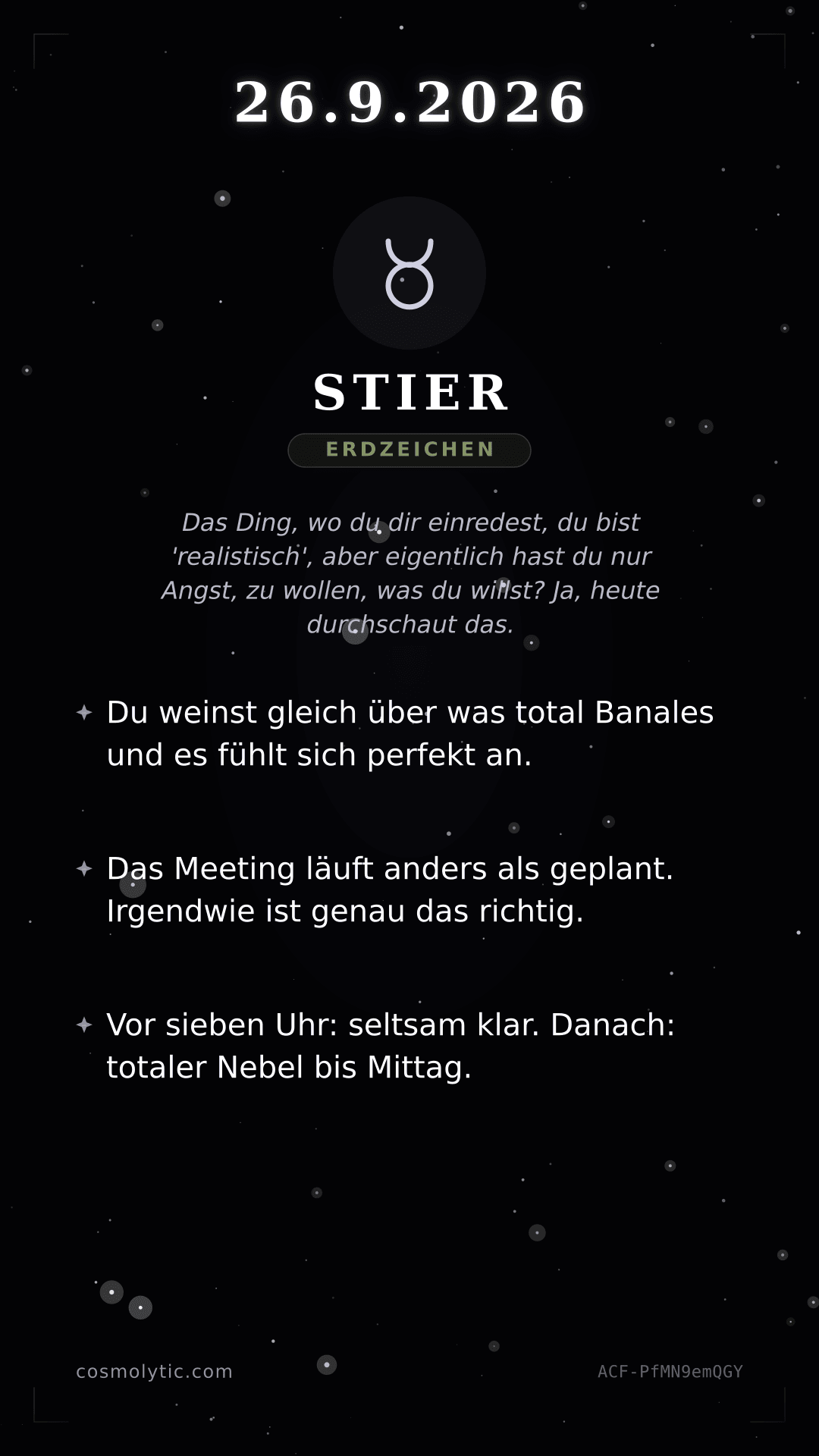 Stier Tageshoroskop-Karte für 26. September 2026