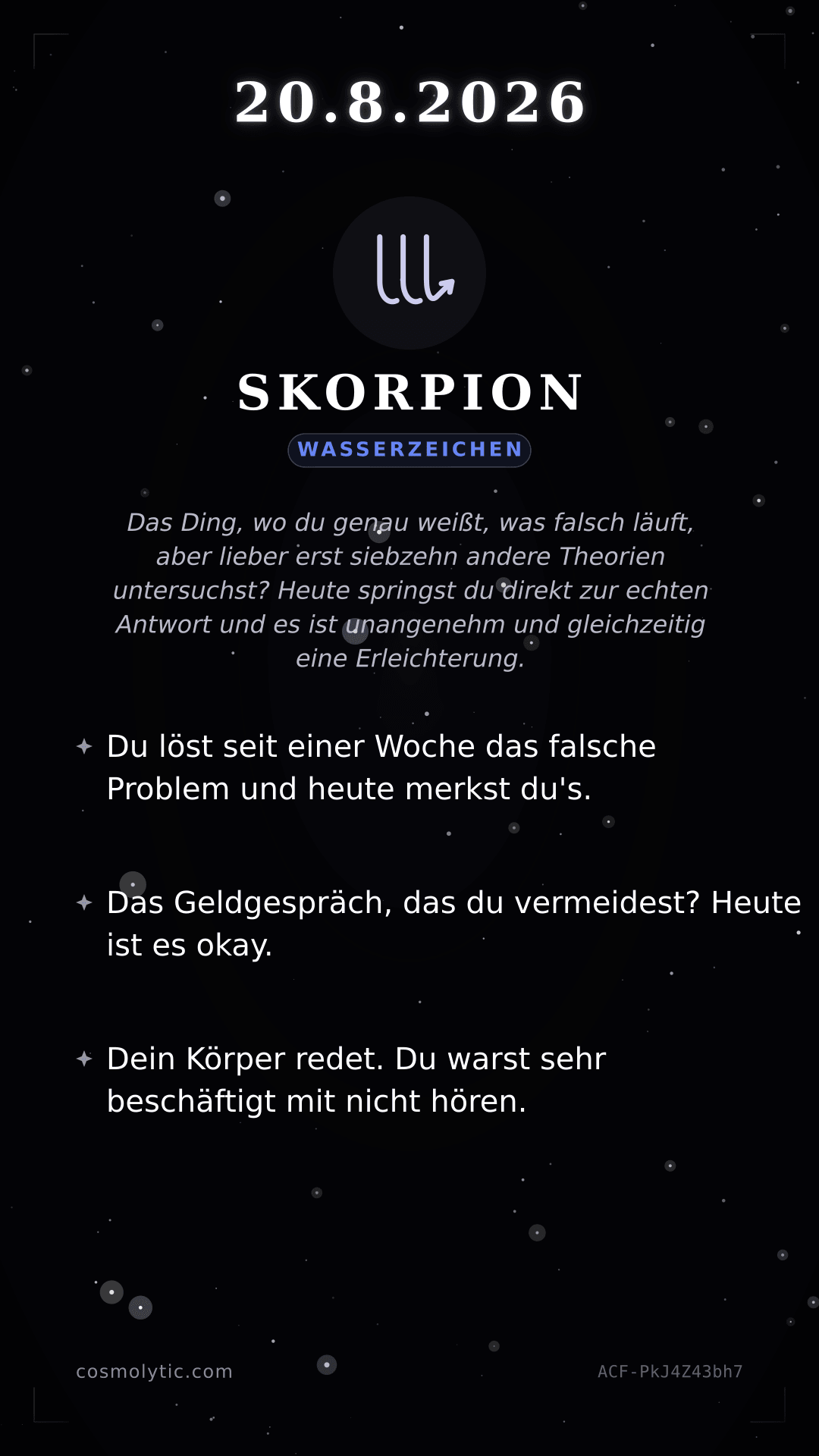 Skorpion Tageshoroskop-Karte für 20. August 2026