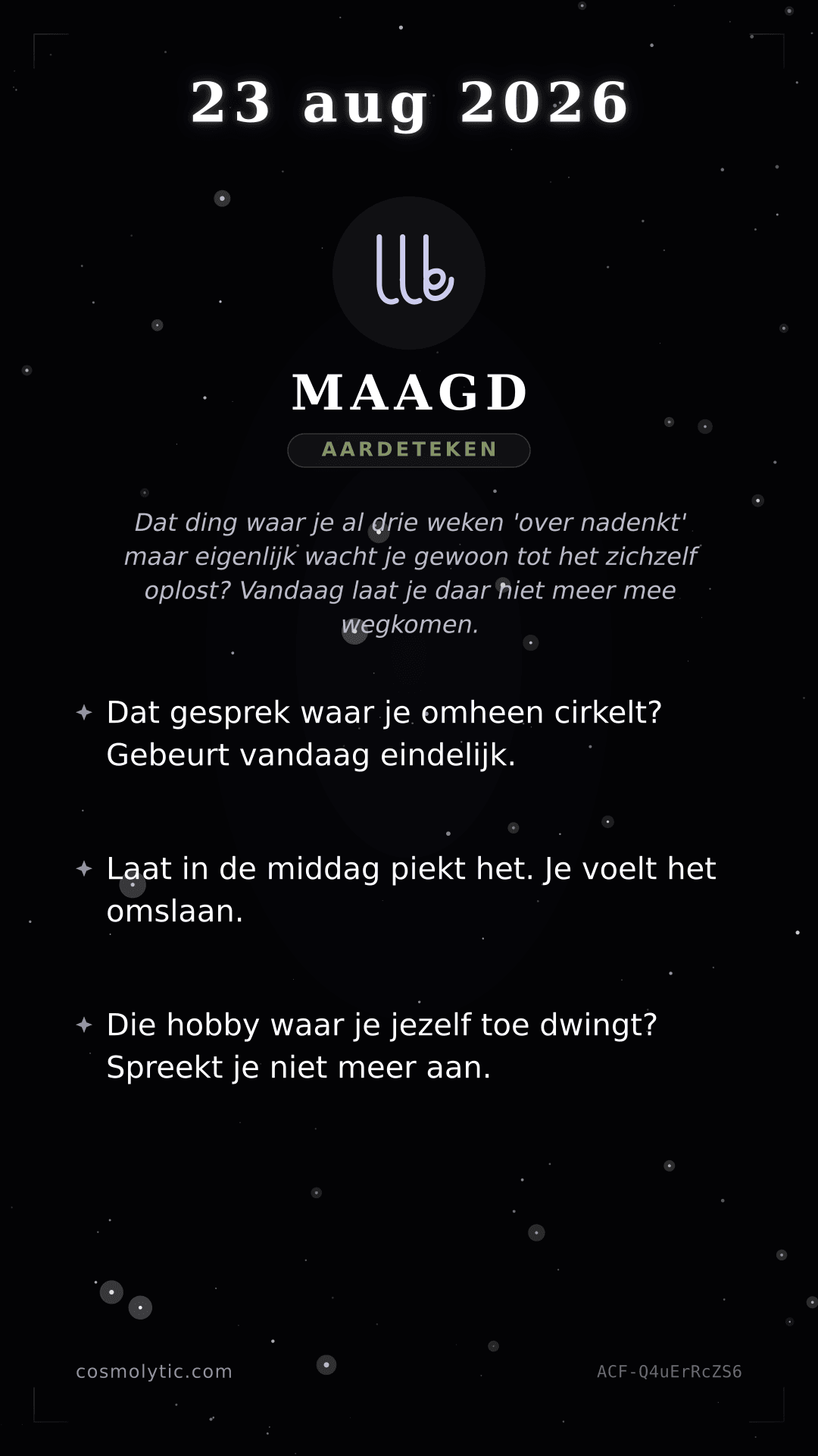 Maagd daghoroscoop kaart voor 23 augustus 2026