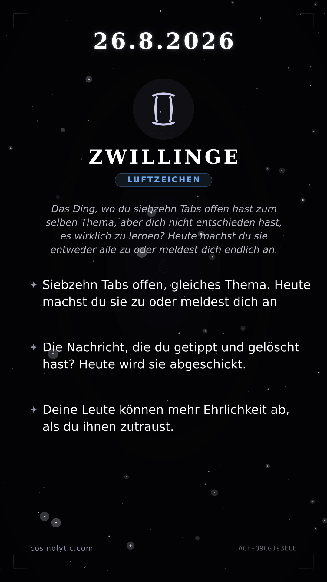 Zwillinge Tageshoroskop-Karte für 26. August 2026