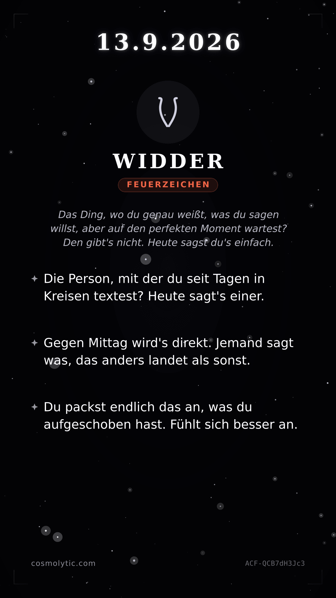 Widder Tageshoroskop-Karte für 13. September 2026