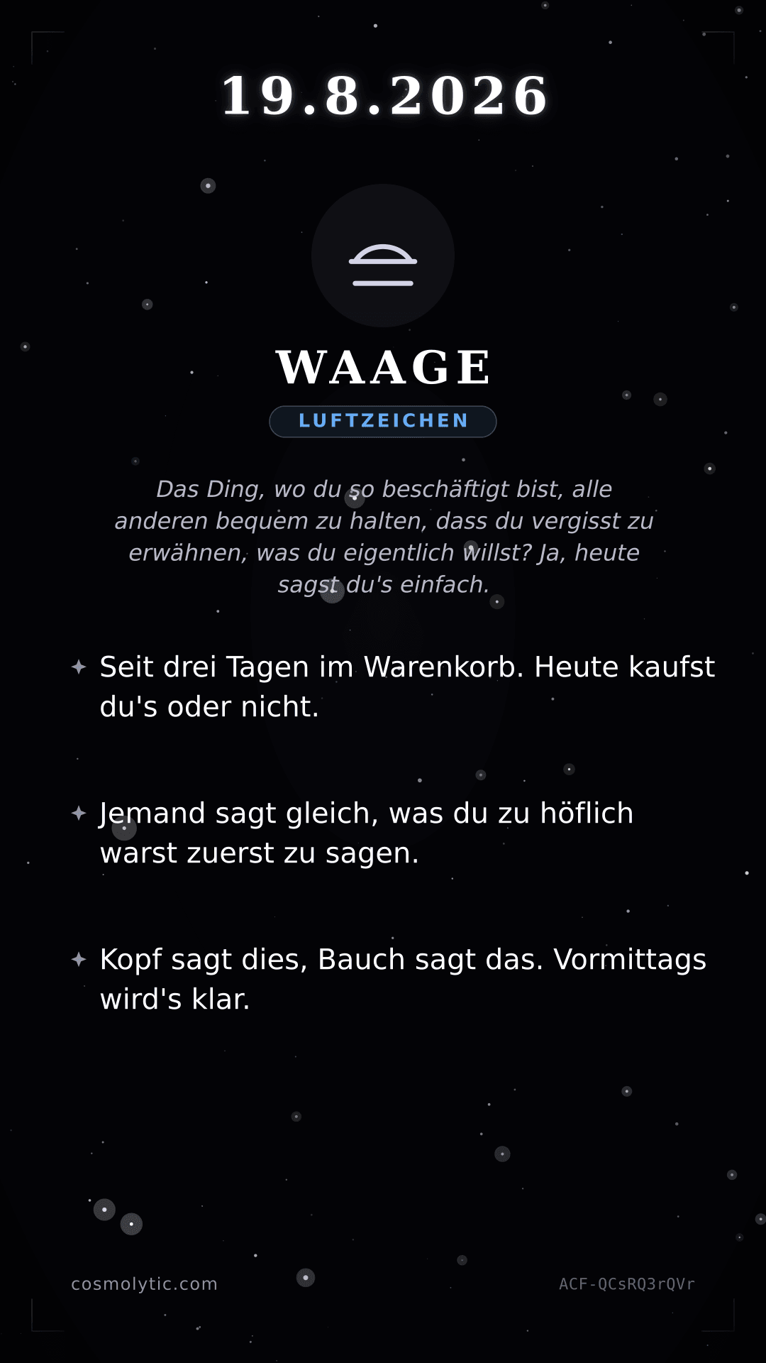 Waage Tageshoroskop-Karte für 19. August 2026