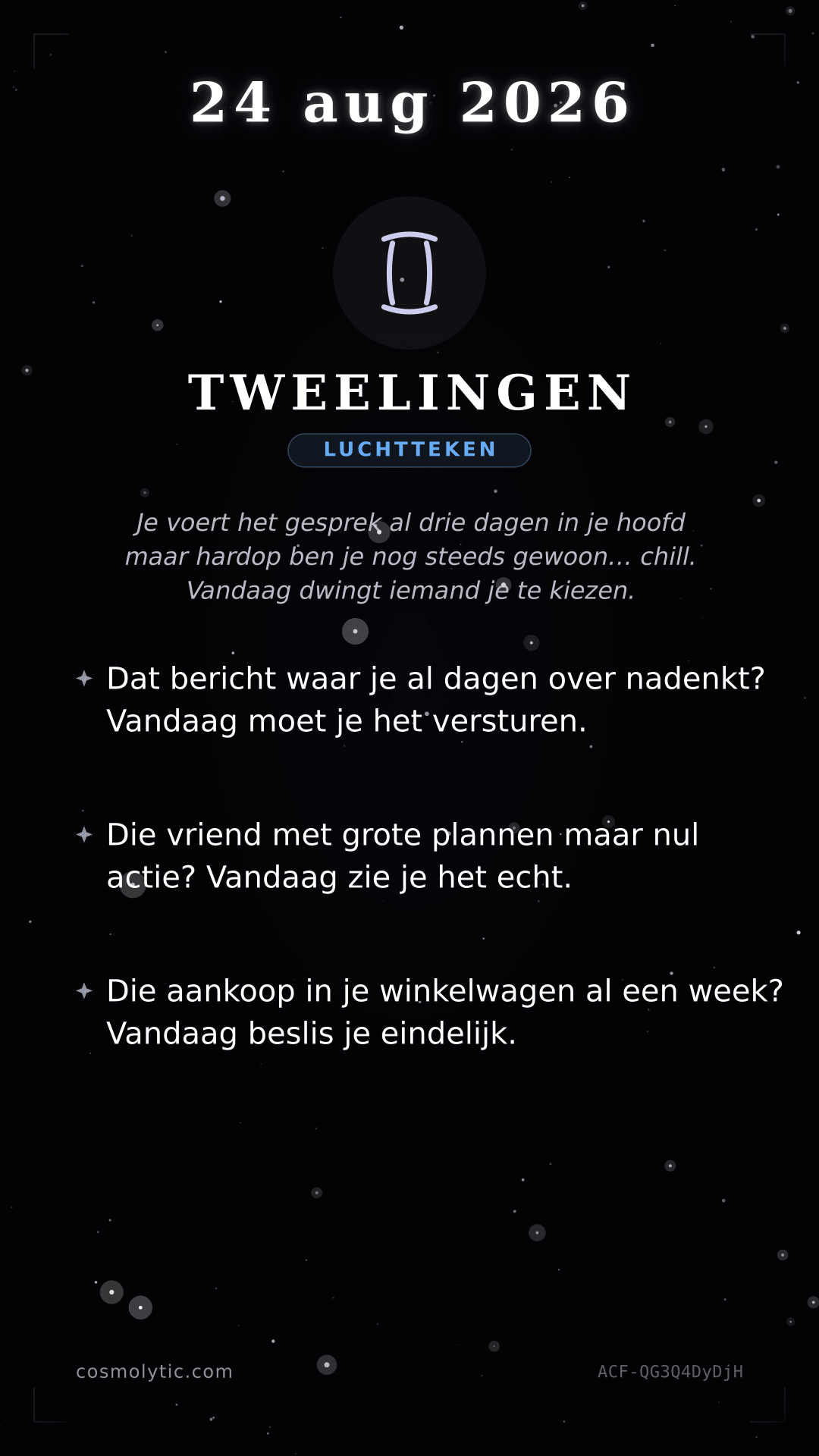 Tweelingen daghoroscoop kaart voor 24 augustus 2026