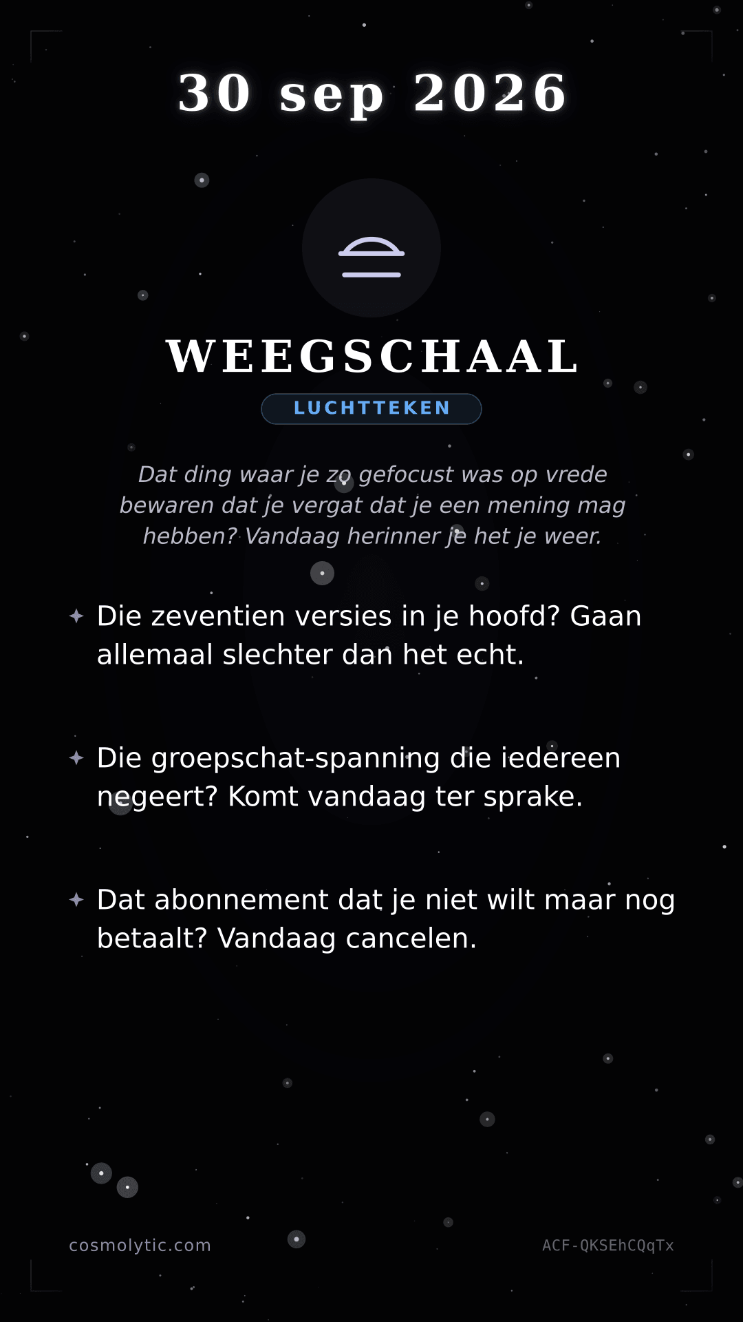 Weegschaal daghoroscoop kaart voor 30 september 2026