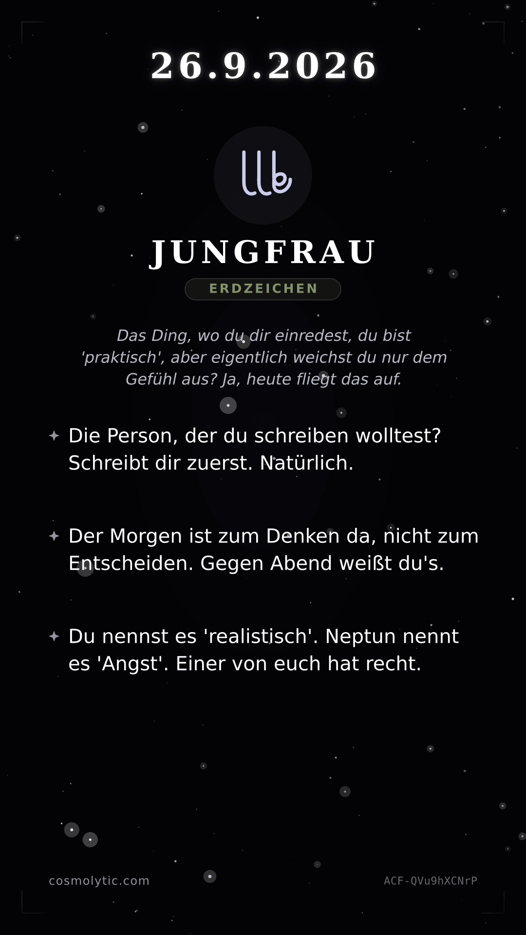 Jungfrau Tageshoroskop-Karte für 26. September 2026