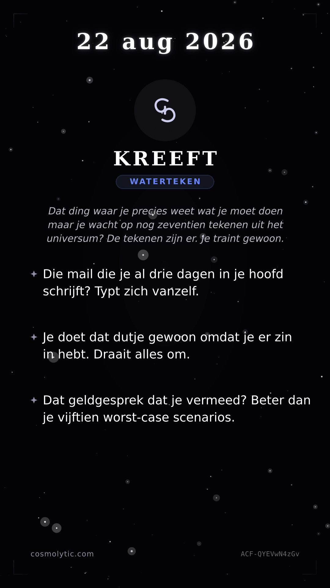 Kreeft daghoroscoop kaart voor 22 augustus 2026