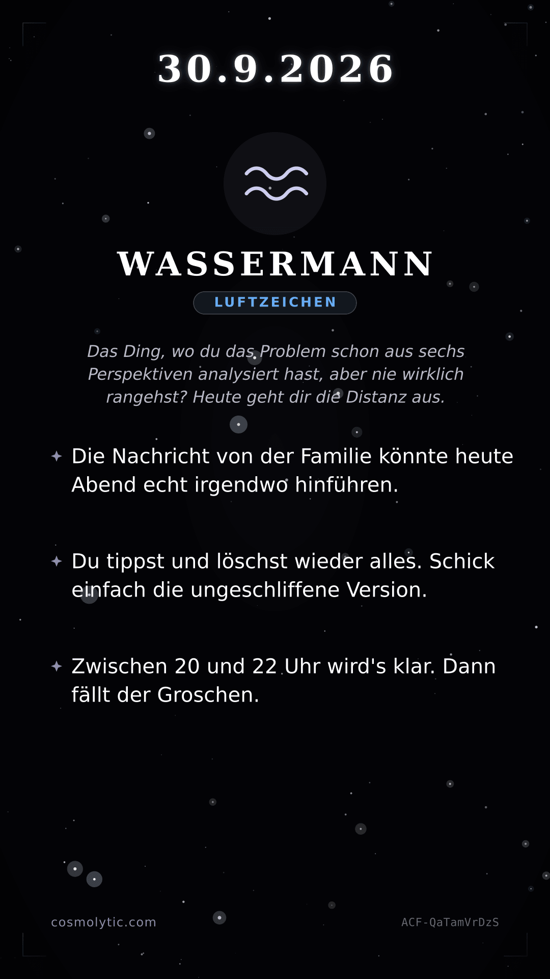 Wassermann Tageshoroskop-Karte für 30. September 2026