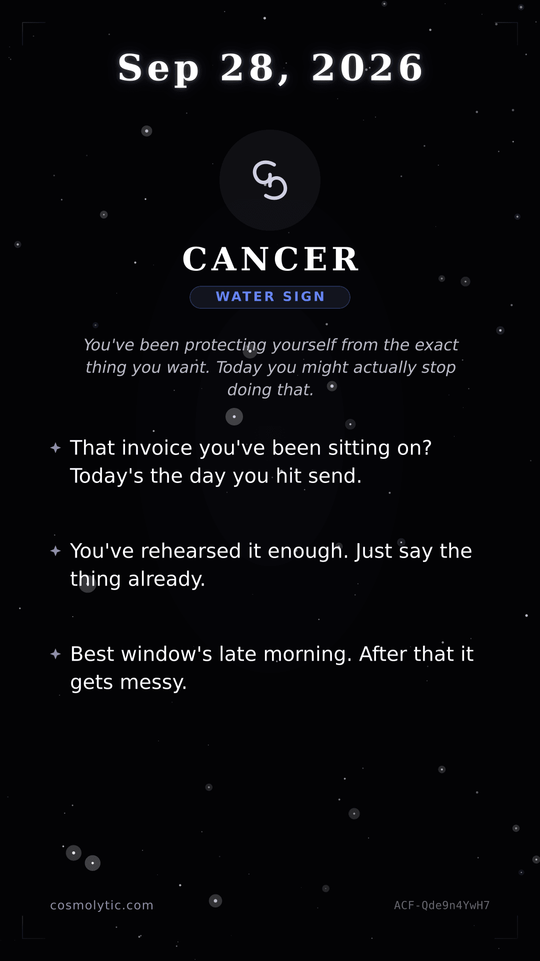 Cancer daily horoscope card for September 28, 2026
