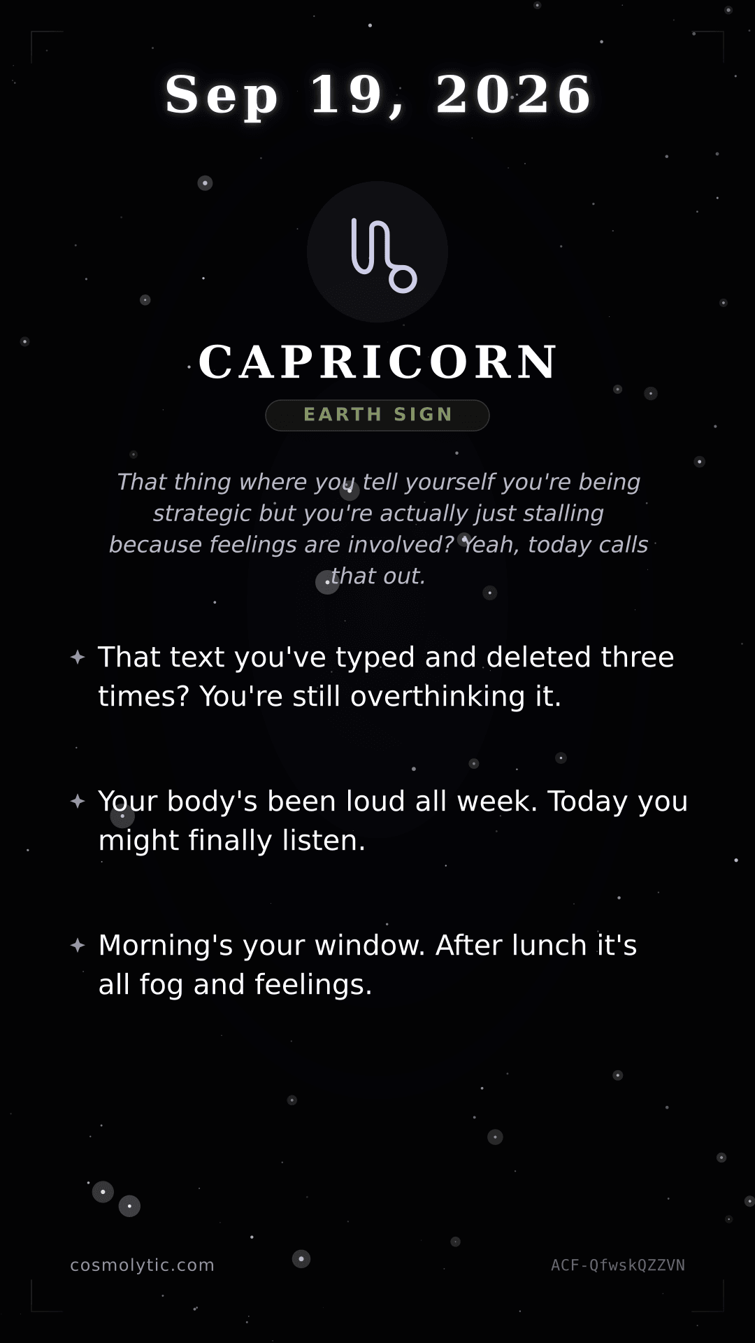 Capricorn daily horoscope card for September 19, 2026