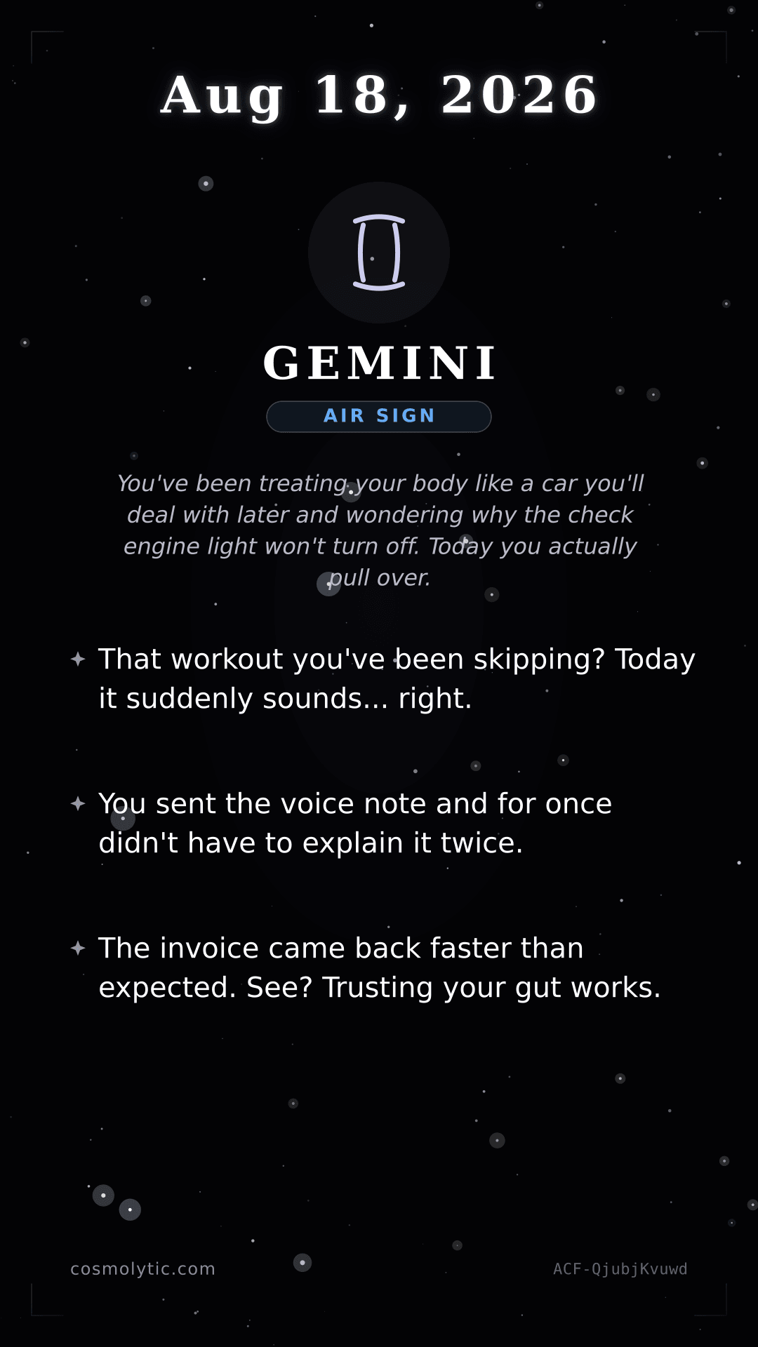 Gemini daily horoscope card for August 18, 2026
